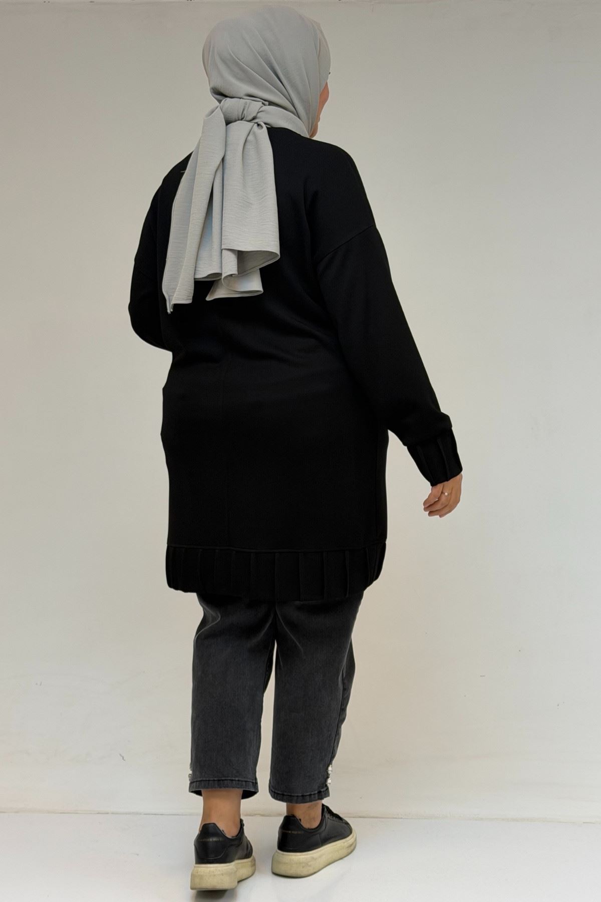 58173 Büyük Beden Çıma Detaylı Modal Tunik - Siyah