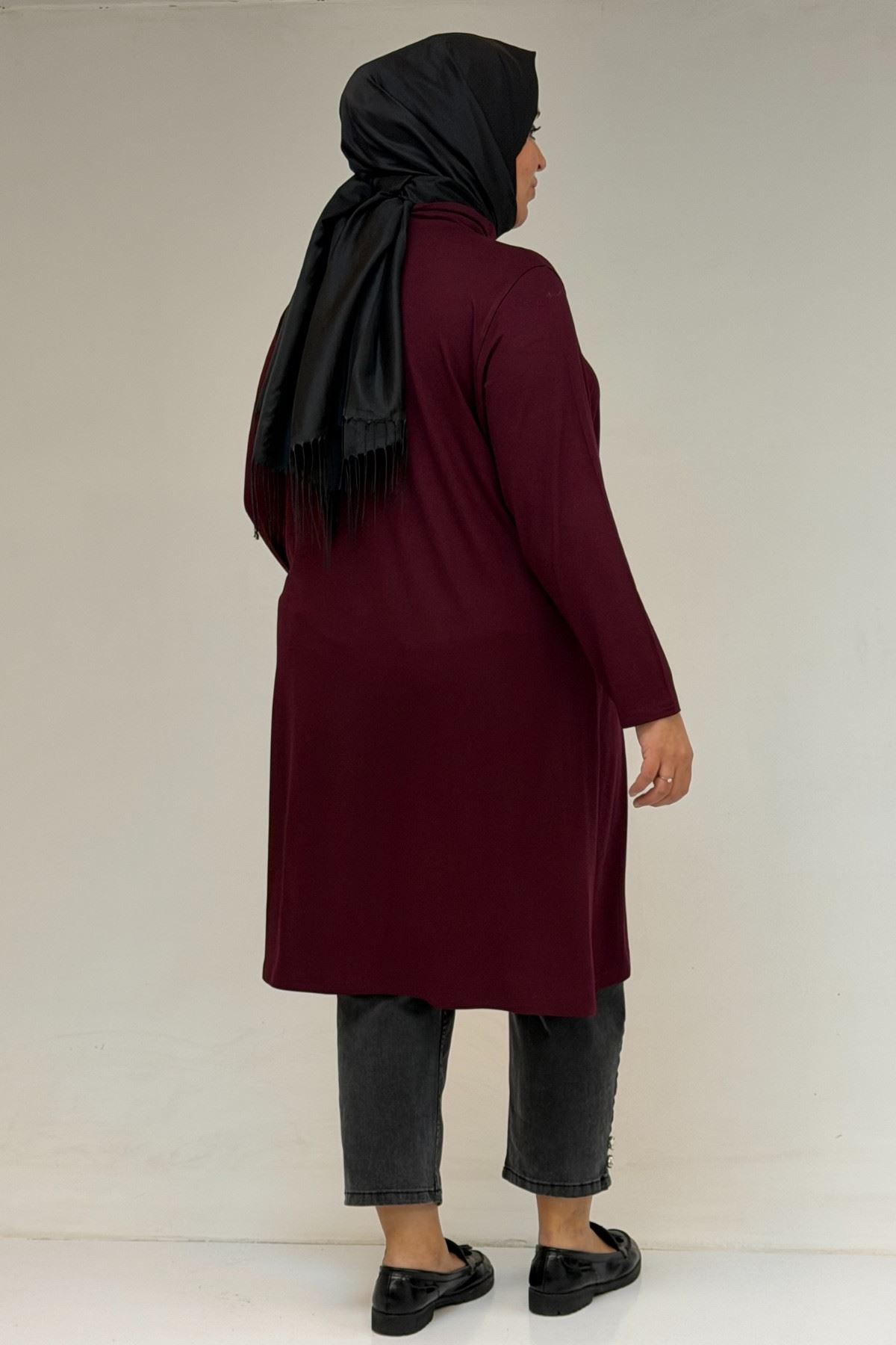 58175 Büyük Beden Boğazlı Yaka Basic Penye Tunik - Bordo