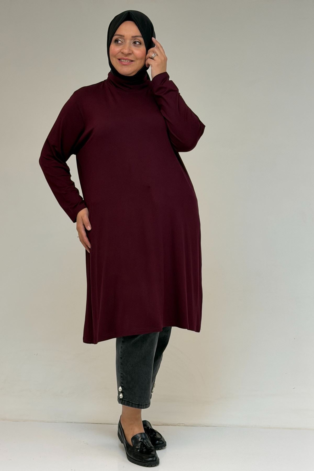 58175 Büyük Beden Boğazlı Yaka Basic Penye Tunik - Bordo