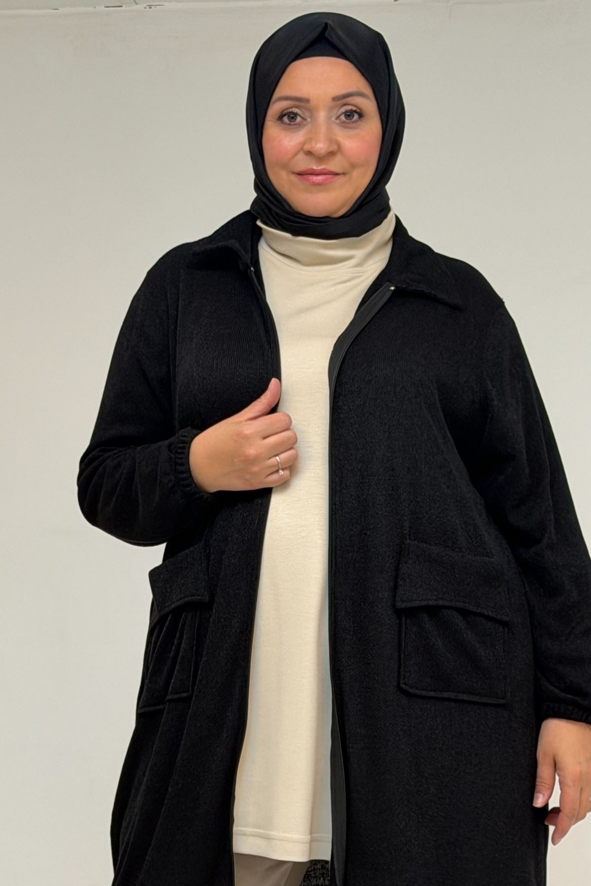 53064 Büyük Beden Fermuarlı Detaylı Mir Ceket - Siyah