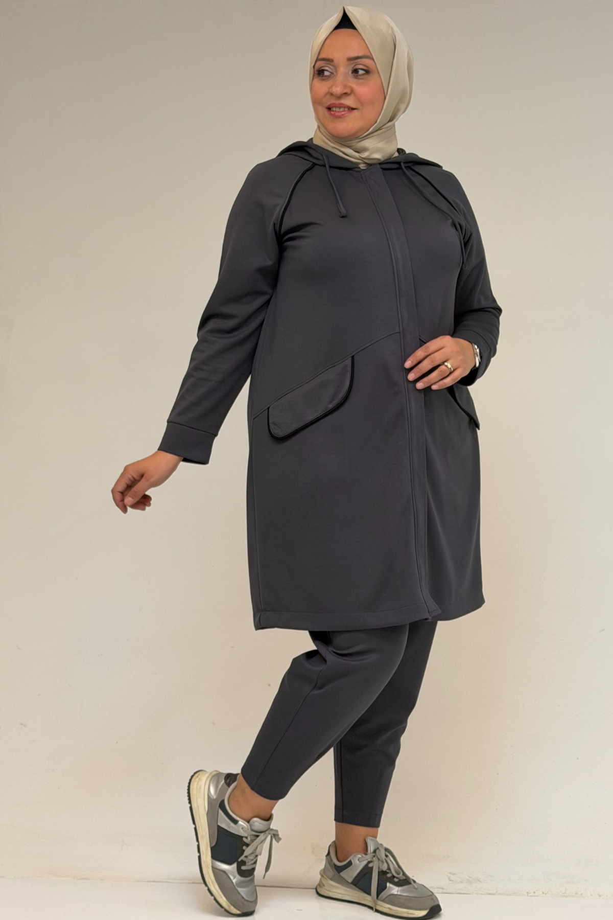 47068 Büyük Beden Çıtçıt Detaylı Modal Tunik Takım  - Antrasit