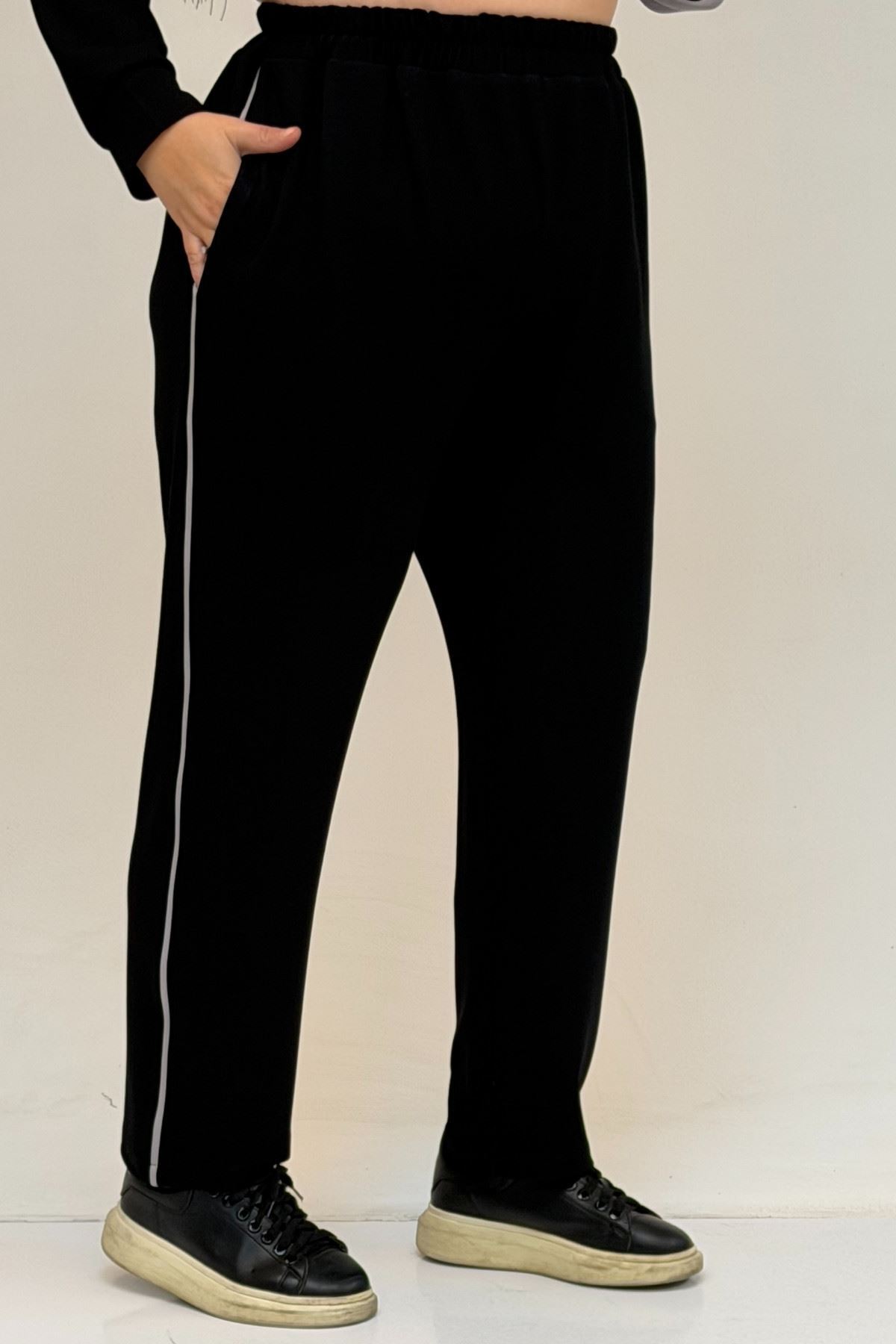 47100 Büyük Beden Garnili -Biyeli Pantolonlu Modal Takım - Siyah