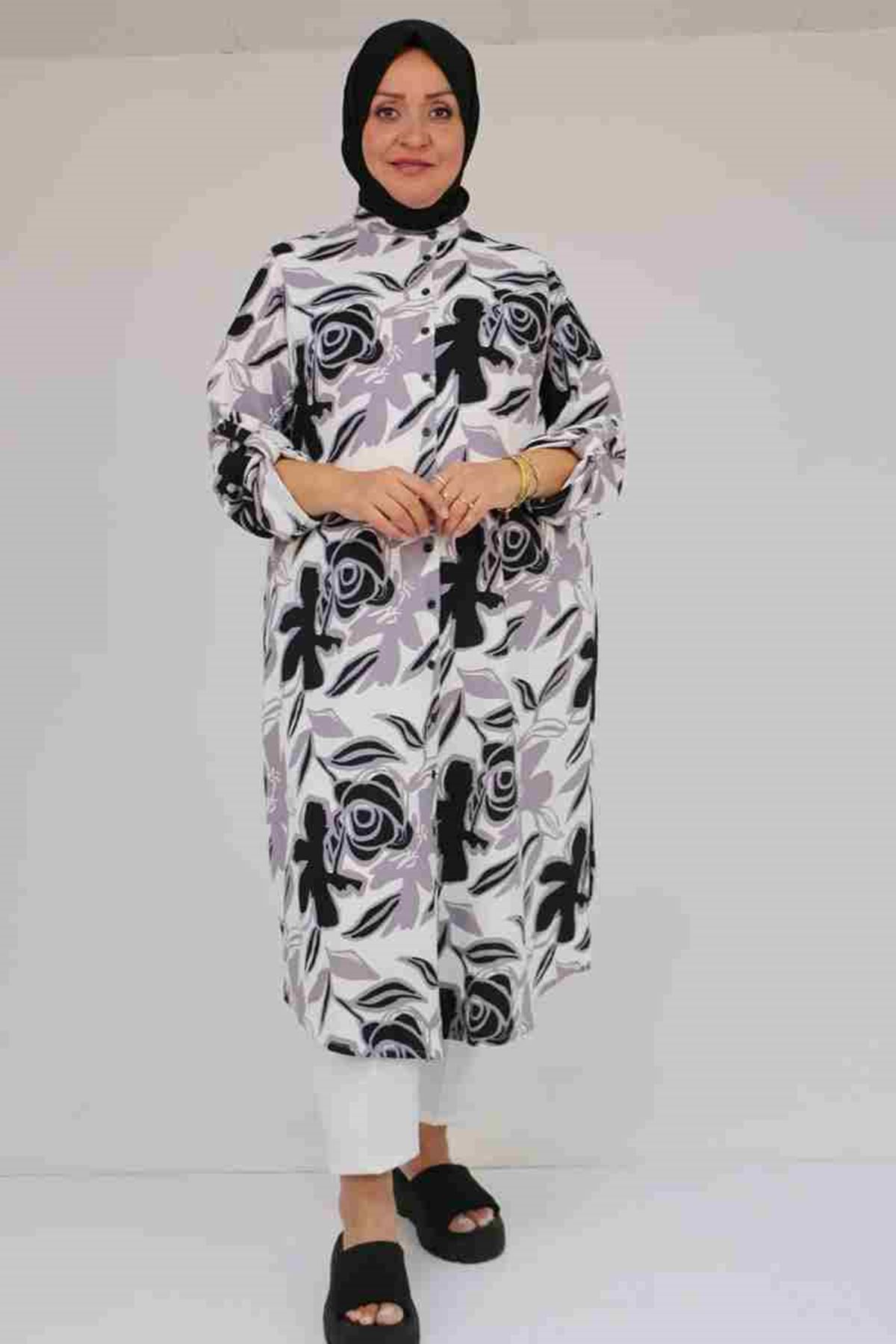 58097 Büyük Beden Desenli Bürümcük Düğmeli Gömlek - Gri-Siyah