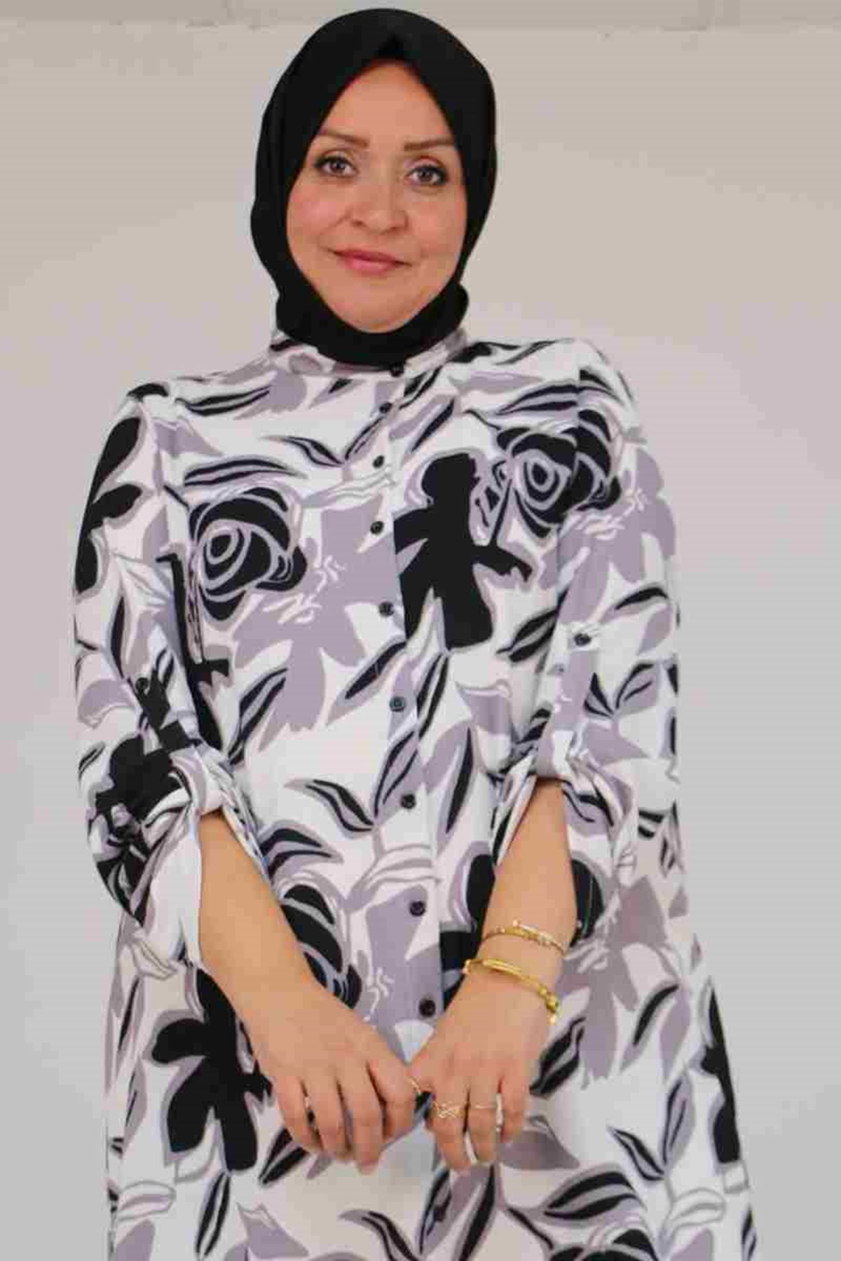 58097 Büyük Beden Desenli Bürümcük Düğmeli Gömlek - Gri-Siyah