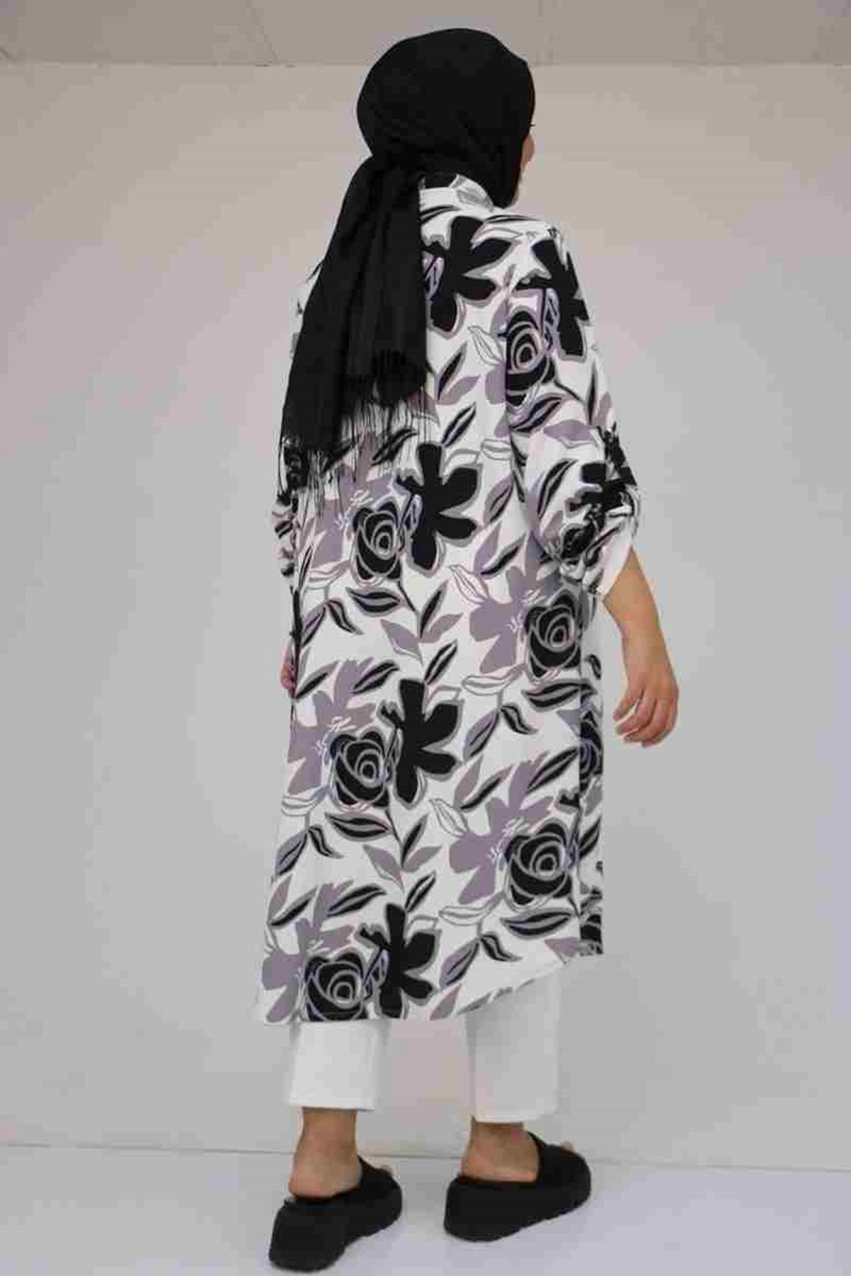 58097 Büyük Beden Desenli Bürümcük Düğmeli Gömlek - Gri-Siyah