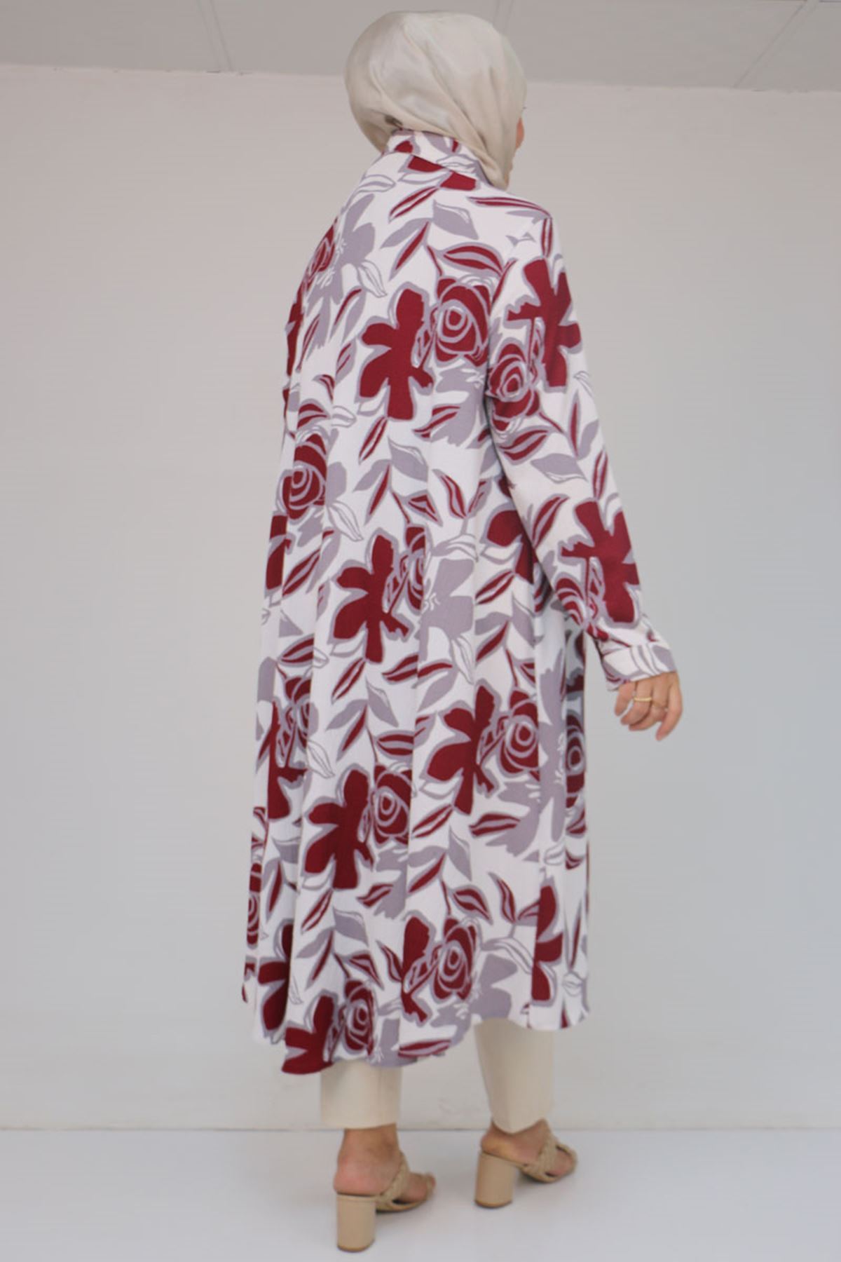 58083 Büyük Beden Mevlana Desenli Bürümcük Gömlek - Gri-Bordo