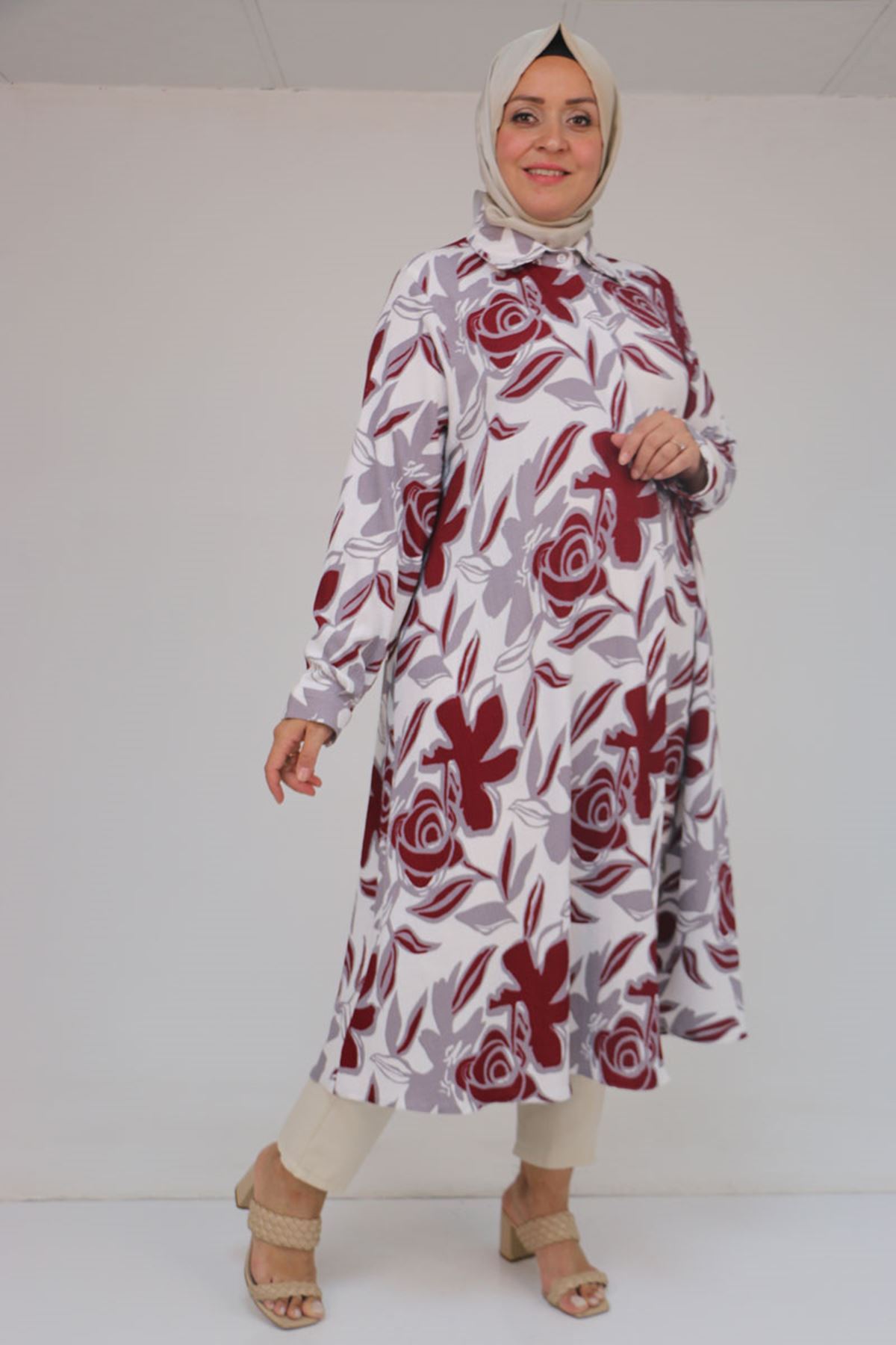 58083 Büyük Beden Mevlana Desenli Bürümcük Gömlek - Gri-Bordo