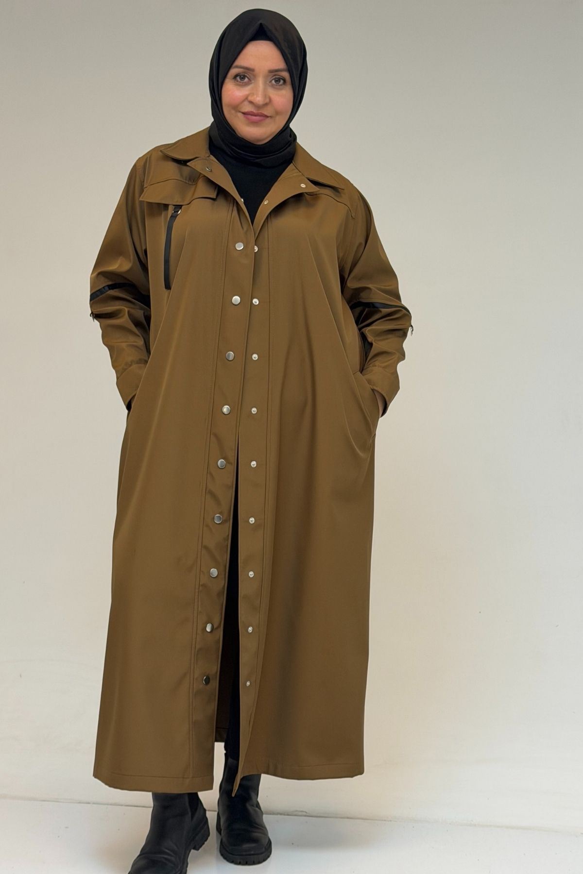 53062 Büyük Beden Sahte Cep Detaylı Bondit Trençkot - Taba