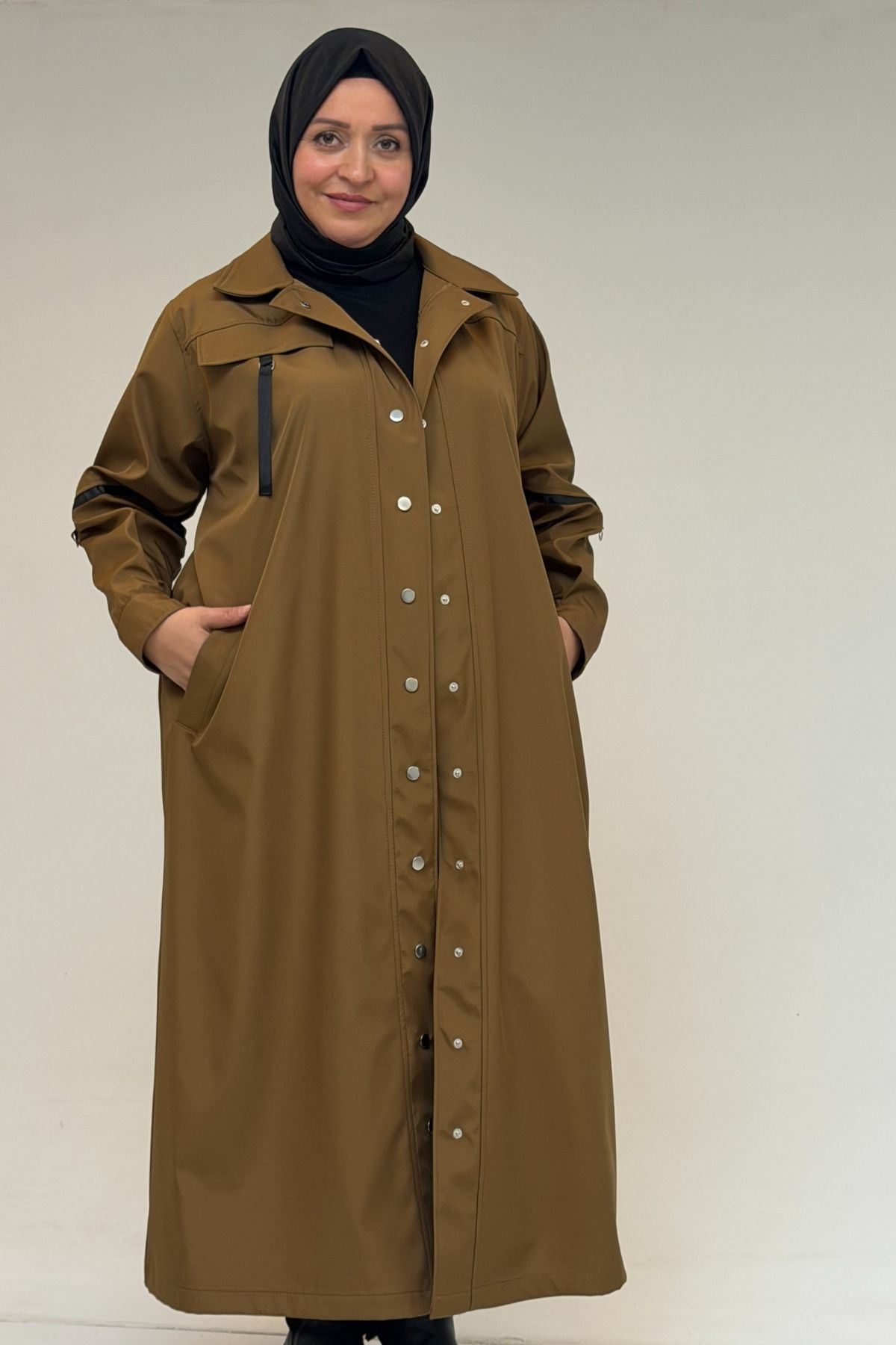 53062 Büyük Beden Sahte Cep Detaylı Bondit Trençkot - Taba