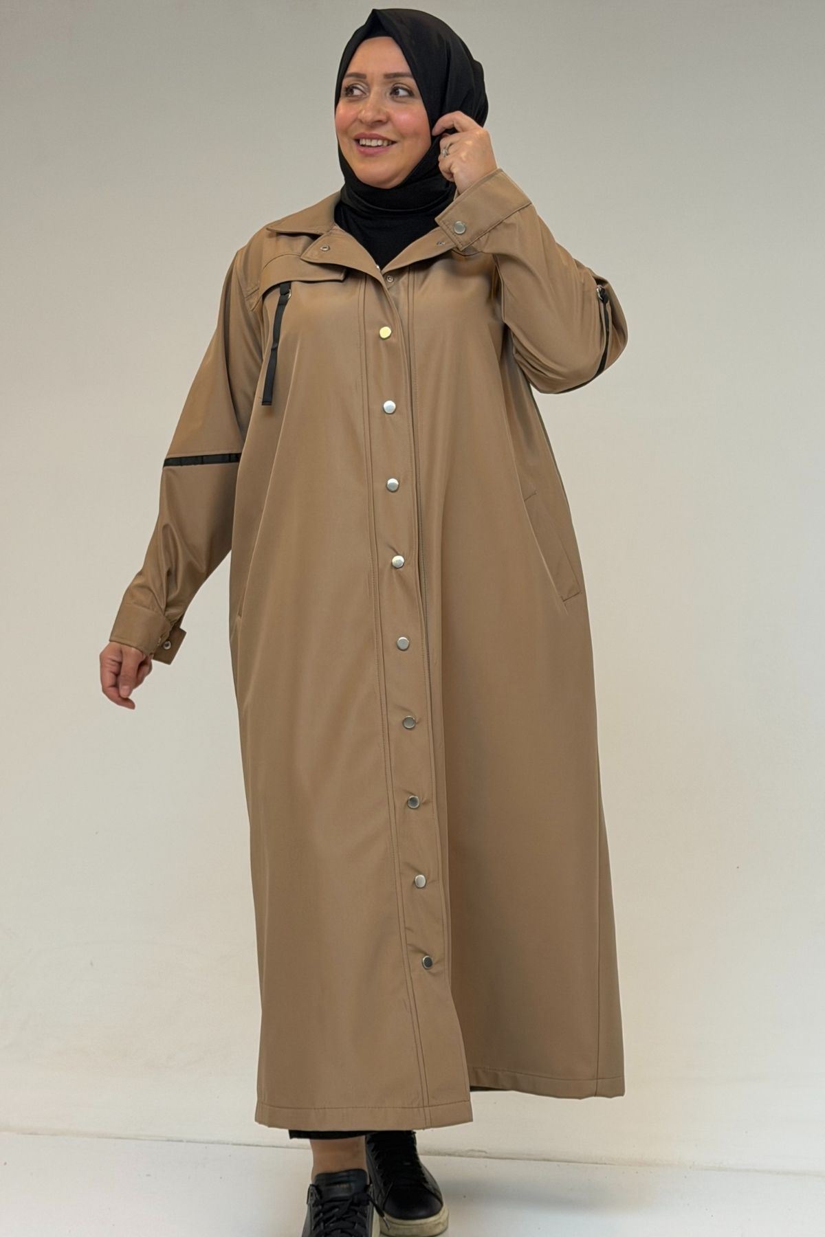 53062 Büyük Beden Sahte Cep Detaylı Bondit Trençkot - Vizon