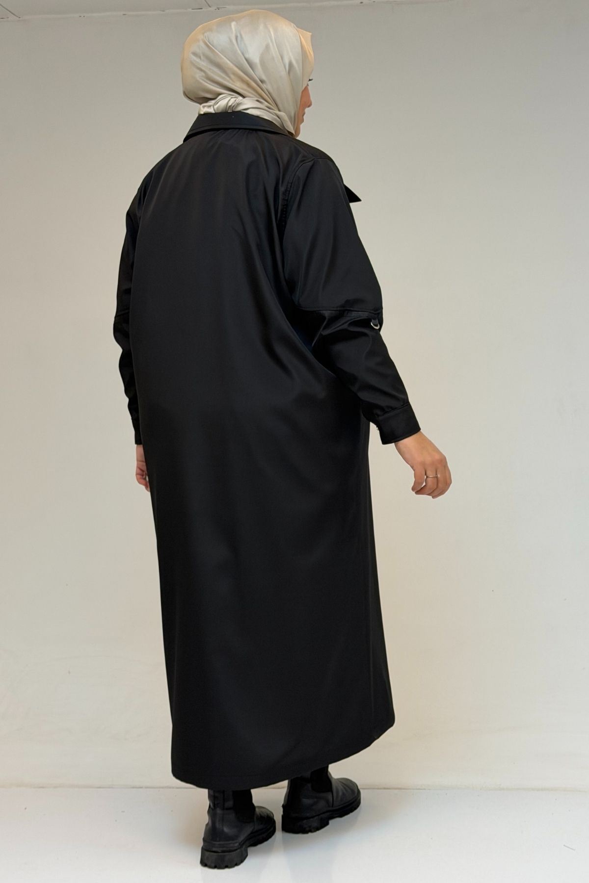 53062 Büyük Beden Sahte Cep Detaylı Bondit Trençkot - Siyah