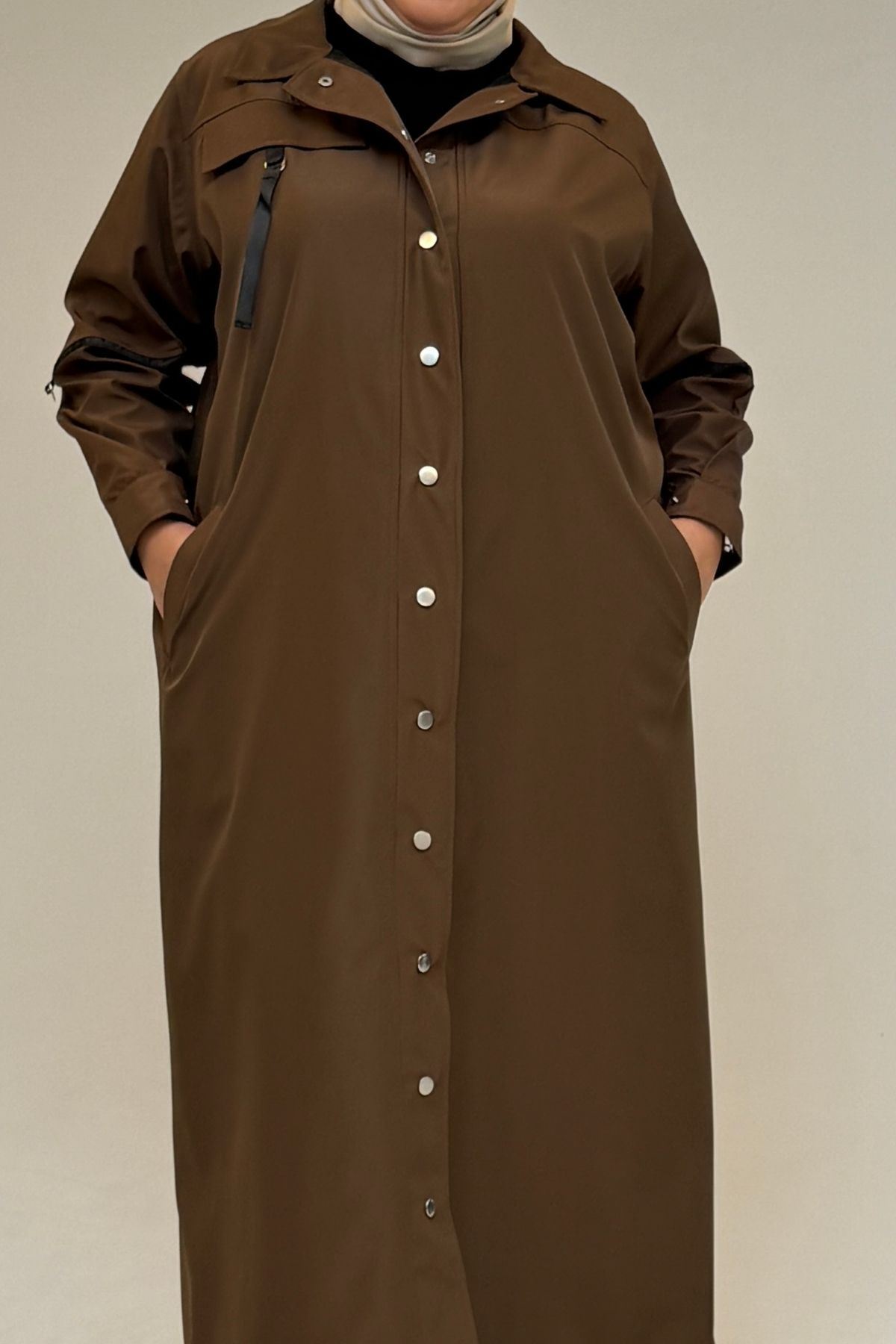 53062 Büyük Beden Sahte Cep Detaylı Bondit Trençkot - Kahve