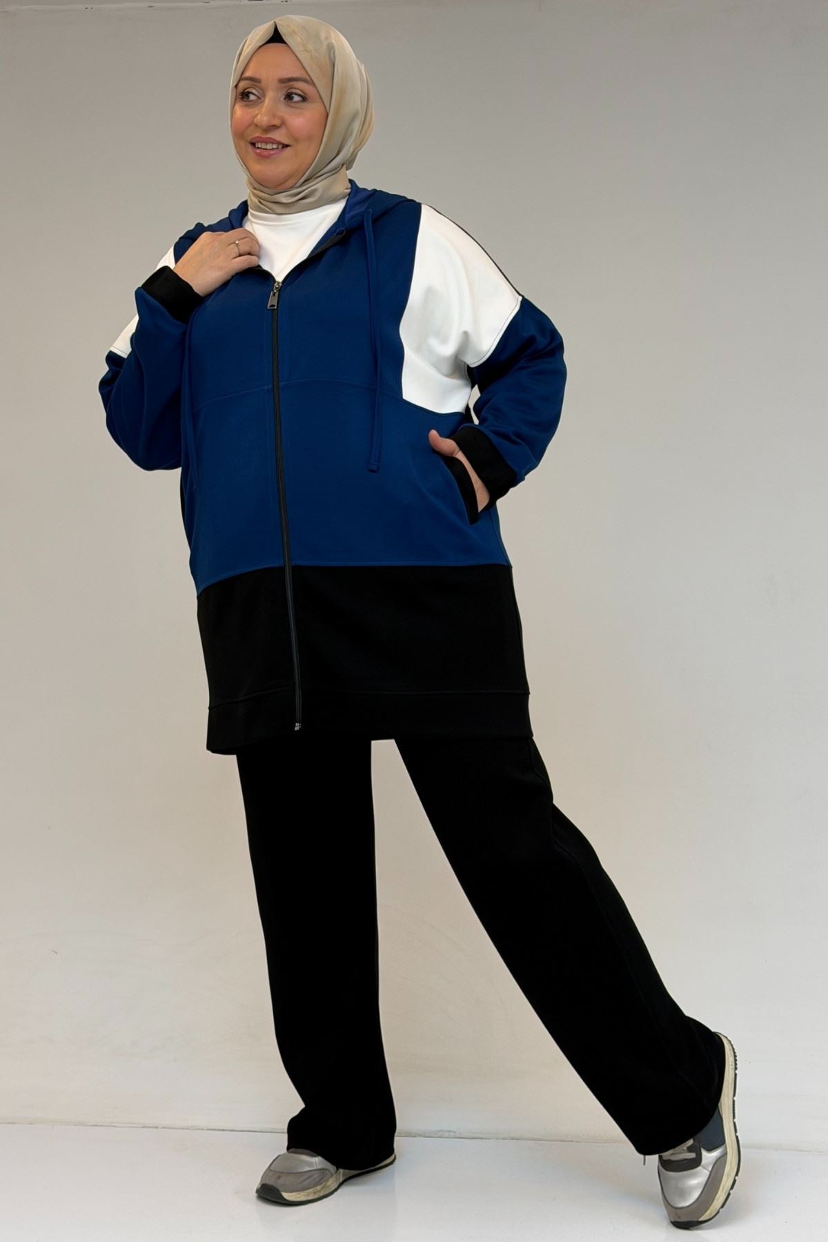 47056 Büyük Beden Garnili Boydan Fermuarlı Pantolonlu Modal Takım - İndigo-Siyah