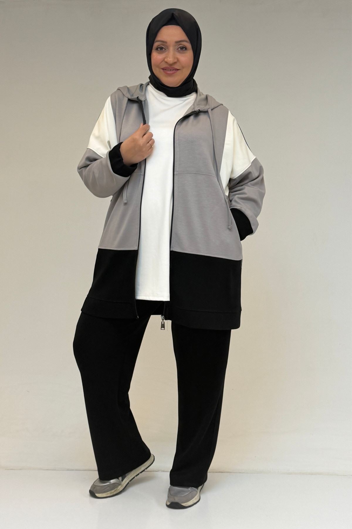 47056 Büyük Beden Garnili Boydan Fermuarlı Pantolonlu Modal Takım - Gri-Siyah