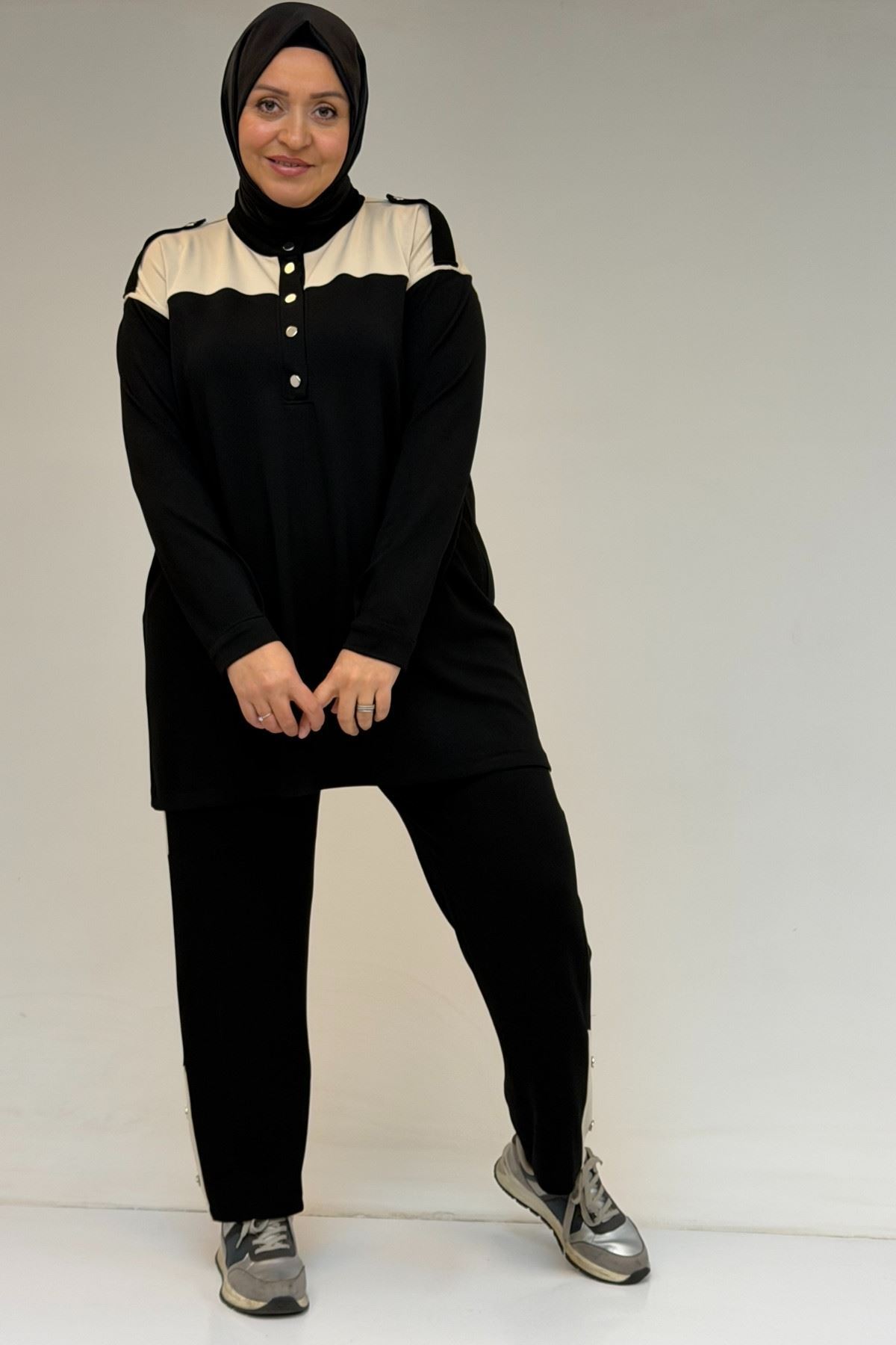 57042 Büyük Beden Yarım Patlı Çıtçıtlı Modal Pantolonlu Takım - Siyah