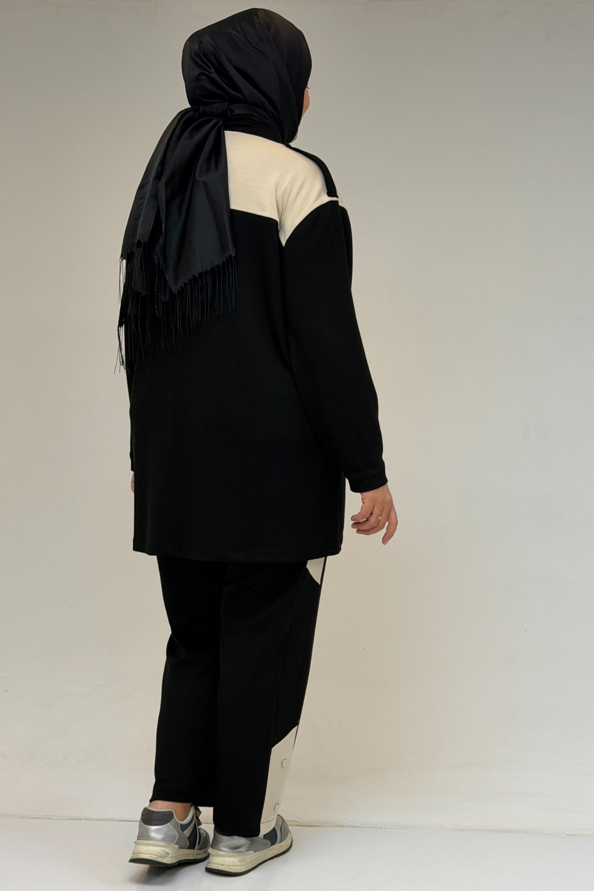 57042 Büyük Beden Yarım Patlı Çıtçıtlı Modal Pantolonlu Takım - Siyah