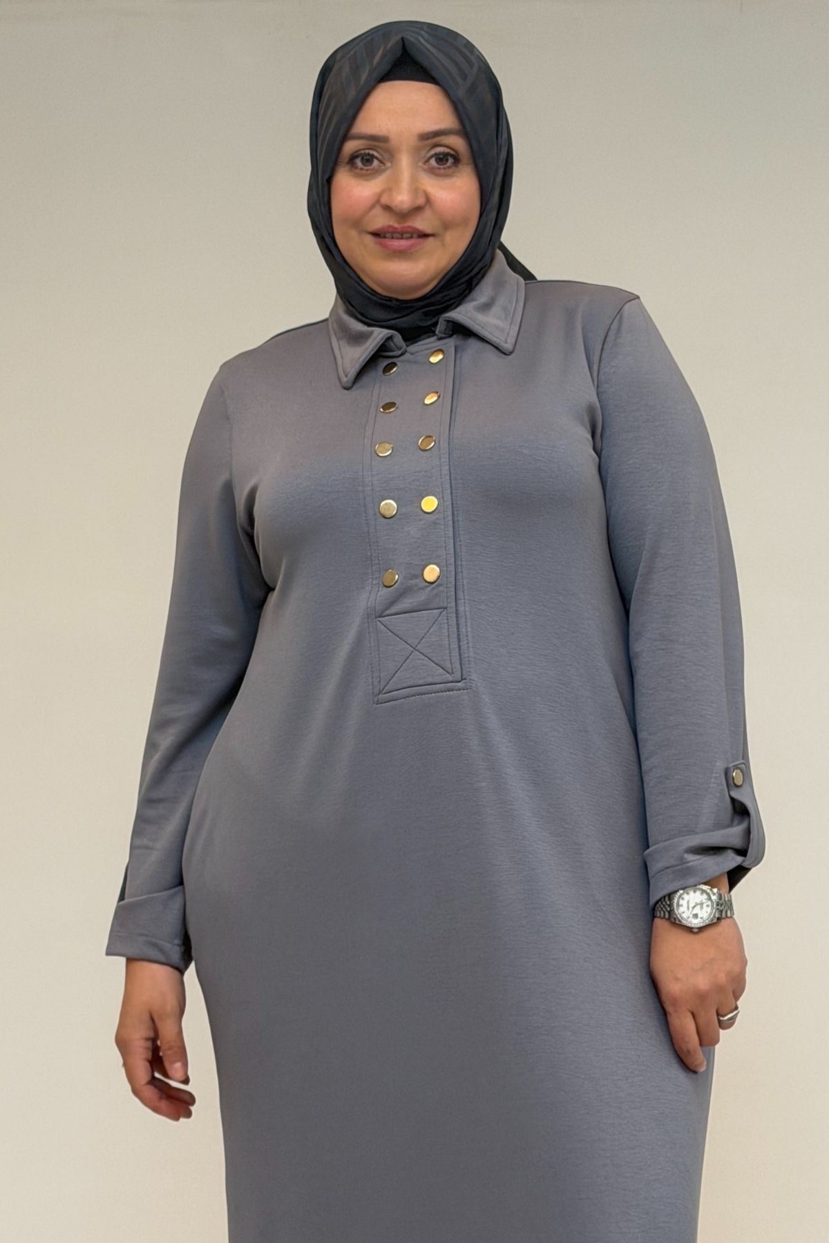 52026 Büyük Beden Katlama Detaylı Erkek Yakalı Modal Elbise - Gri