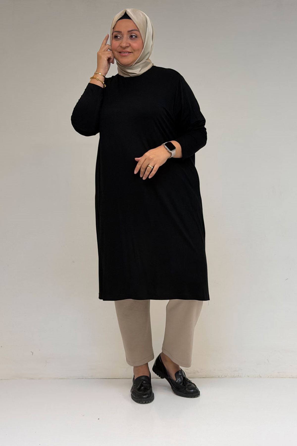 38501 Büyük Beden Basic Penye Tunik -  Siyah