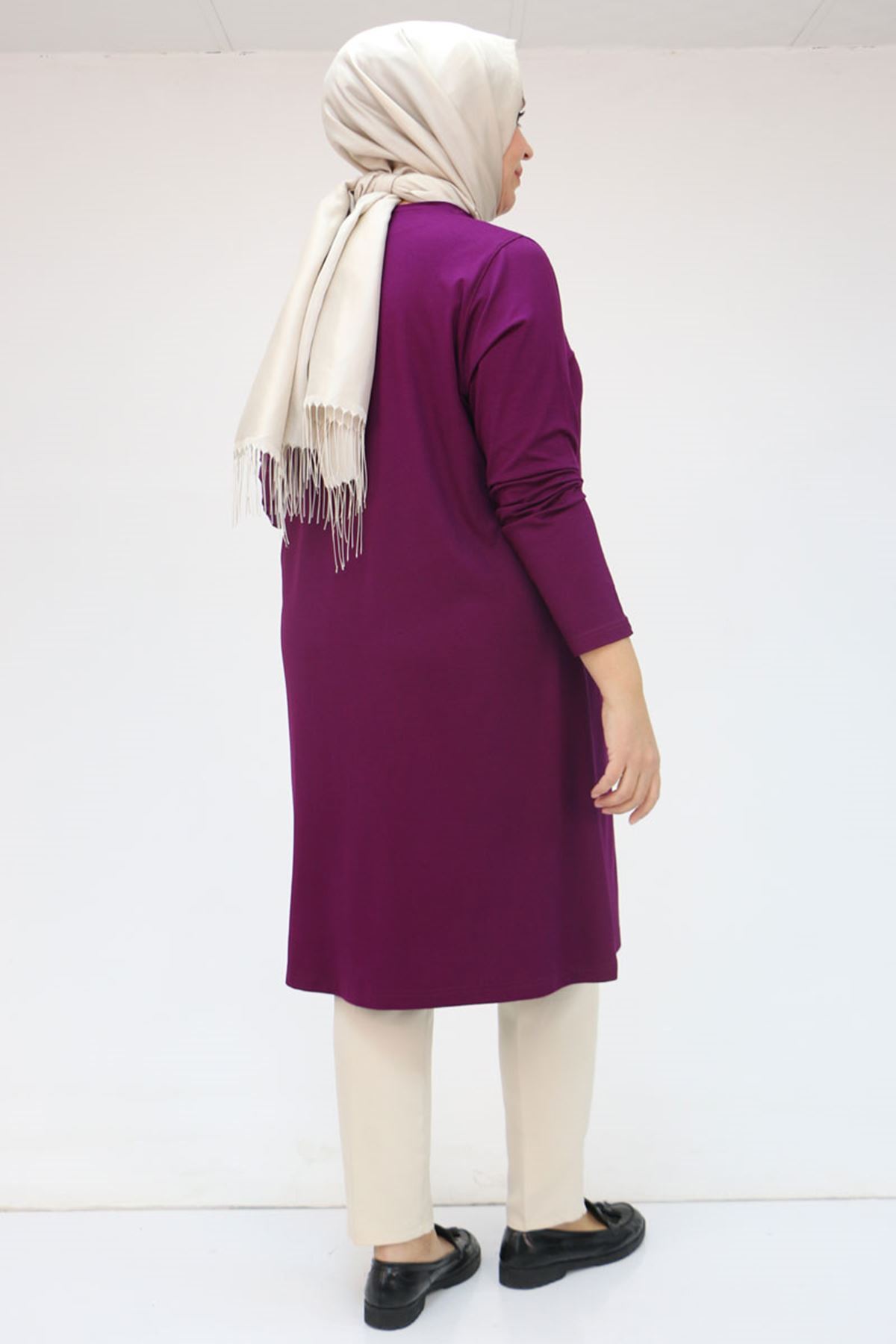 38501 Büyük Beden Basic Penye Tunik - Mor