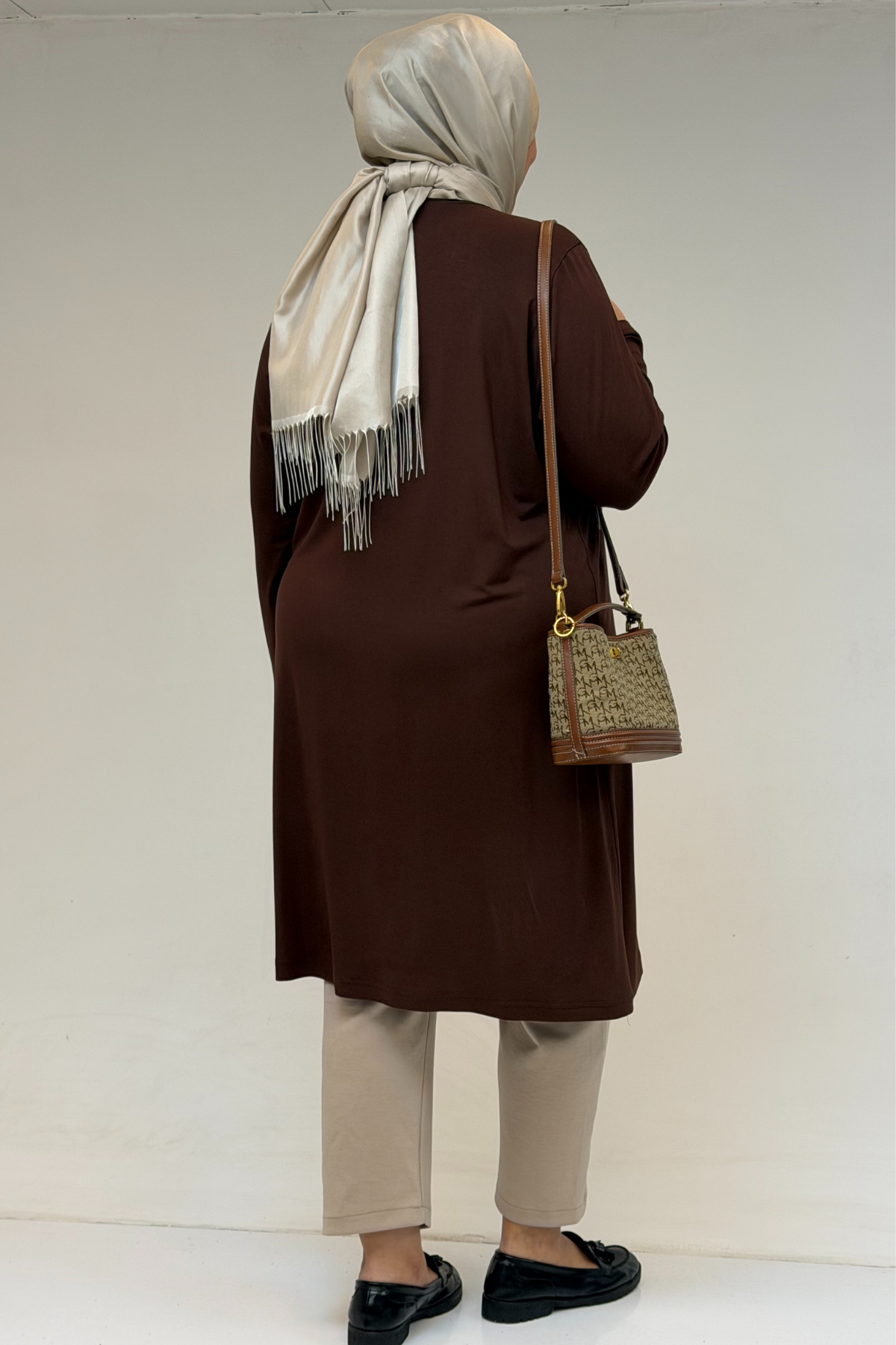 38501 Büyük Beden Basic Penye Tunik - Kahverengi