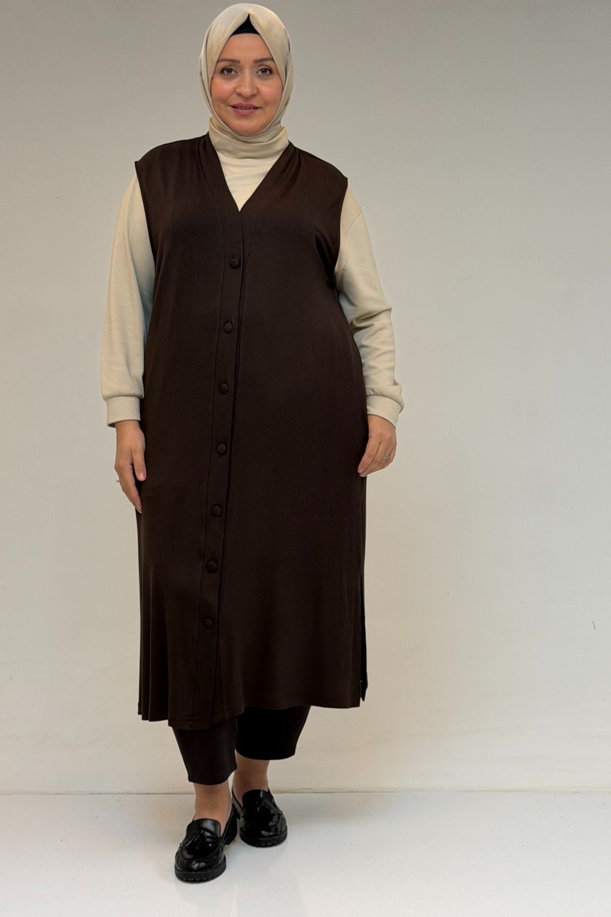 54017 Büyük Bedenkaplama Düğmeli Giy-Çık Penye Yelek - Kahve