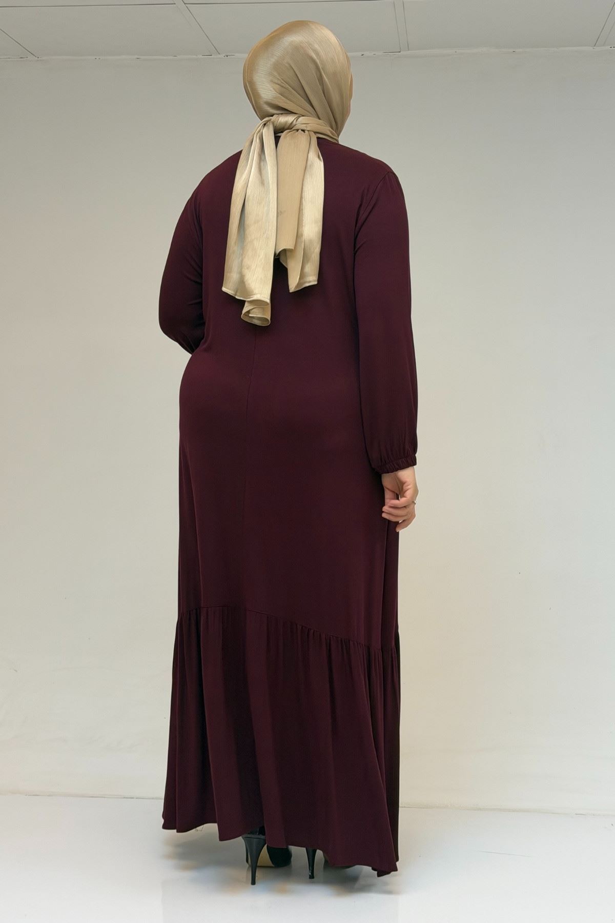 52034 Büyük Beden Eteği Fırfrılı Penye Elbise - Bordo