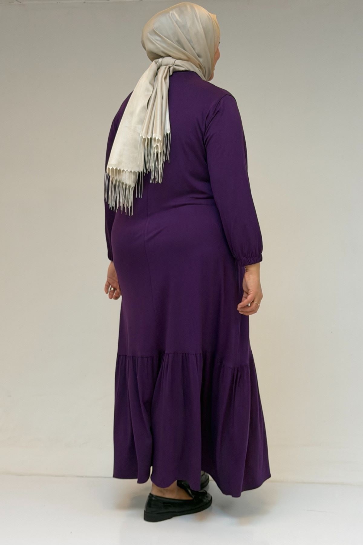 52034 Büyük Beden Eteği Fırfrılı Penye Elbise - Mor