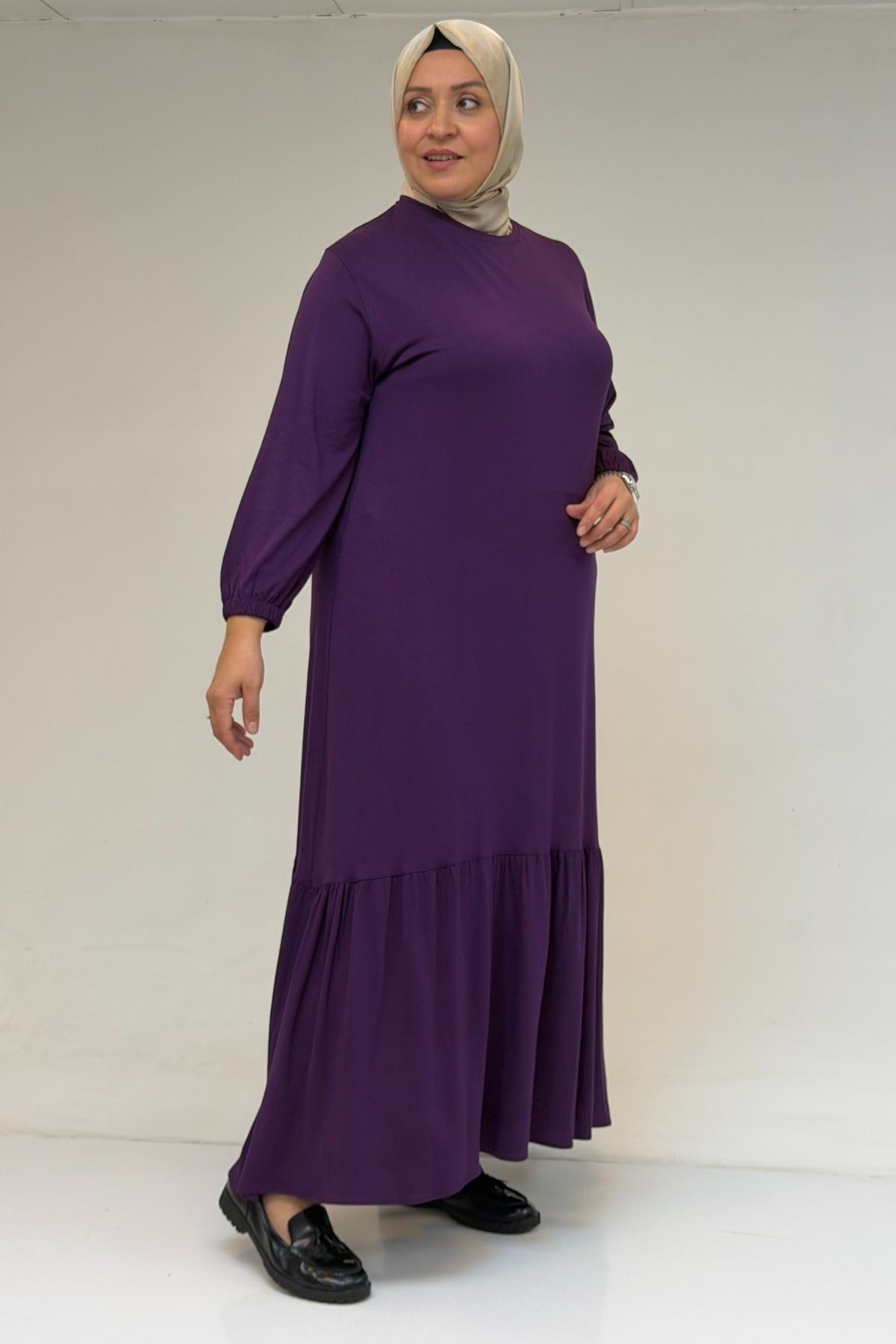 52034 Büyük Beden Eteği Fırfrılı Penye Elbise - Mor