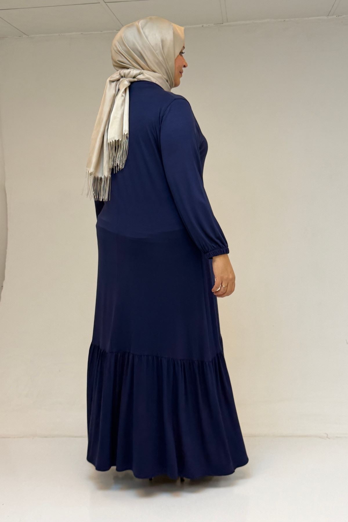 52034 Büyük Beden Eteği Fırfrılı Penye Elbise - İndigo