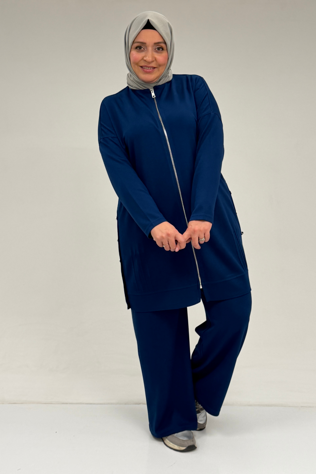 47090 Büyük Beden Pile Detaylı Modal Pantolonlu Takım - İndigo