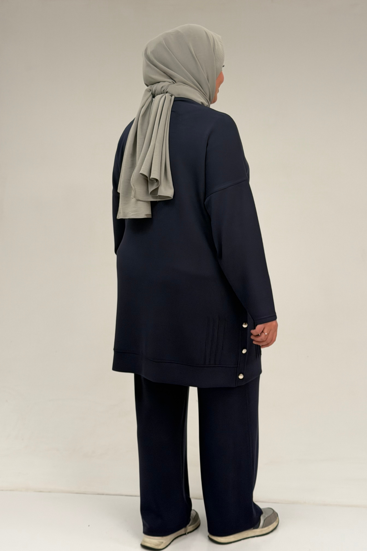 47090 Büyük Beden Pile Detaylı Modal Pantolonlu Takım - Lacivert