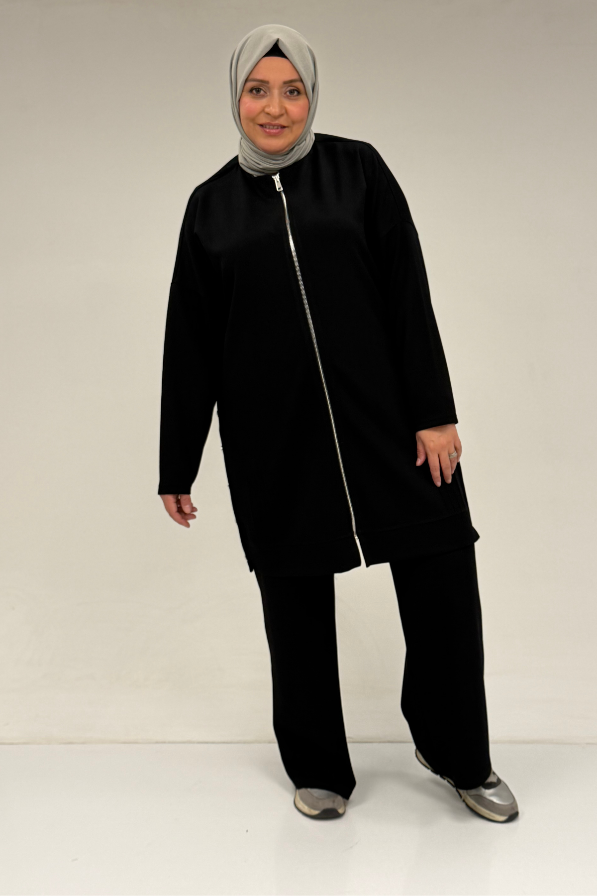 47090 Büyük Beden Pile Detaylı Modal Pantolonlu Takım - Siyah