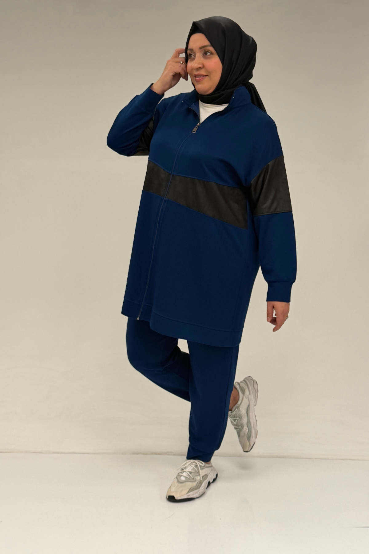 47098 Büyük Beden Waterport Garnili Modal Pantolonlu Takım - İndigo