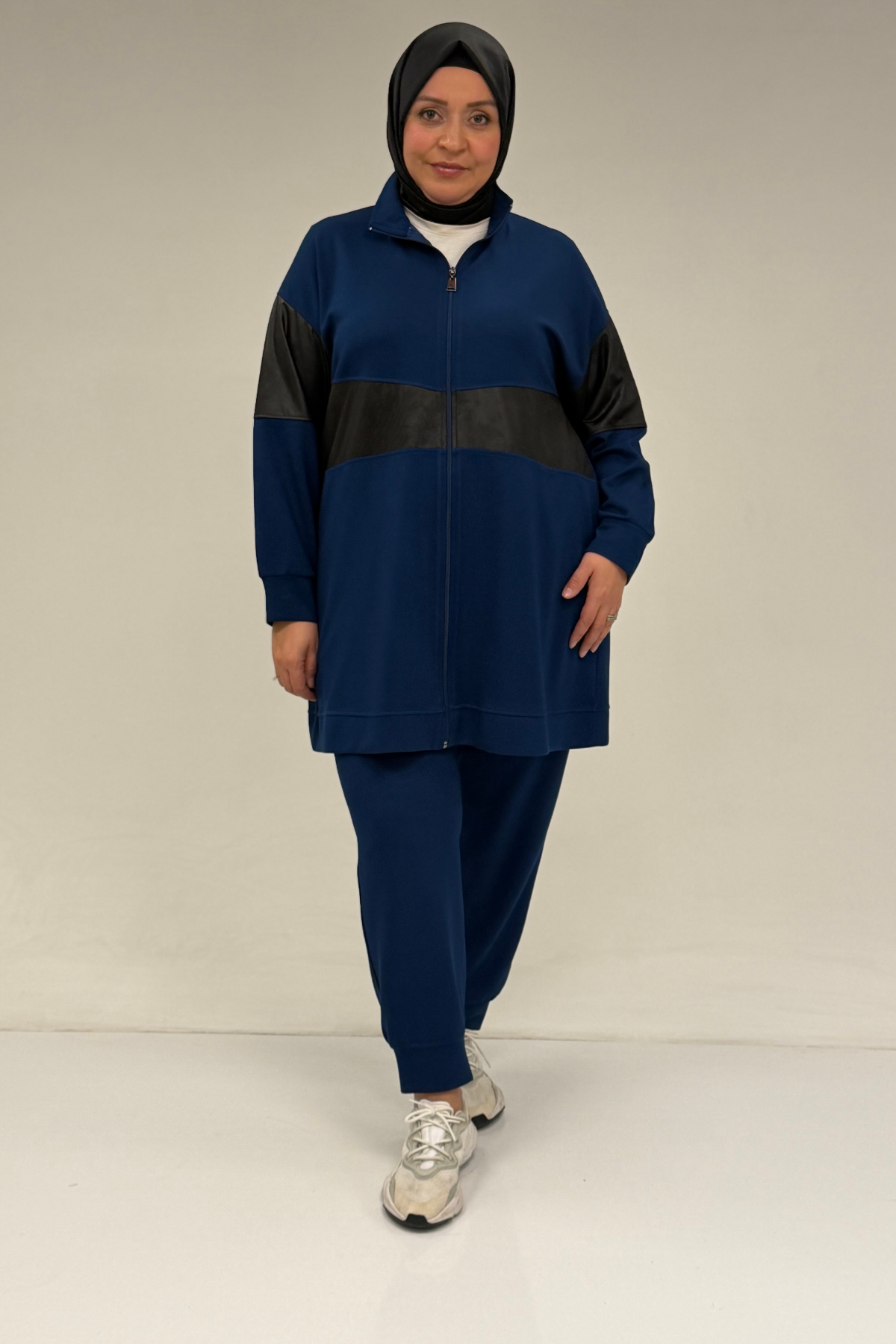 47098 Büyük Beden Waterport Garnili Modal Pantolonlu Takım - İndigo