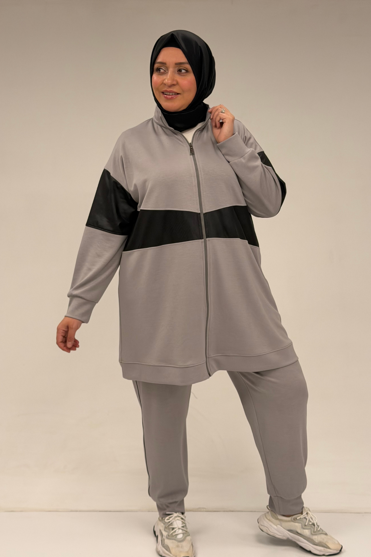 47098 Büyük Beden Waterport Garnili Modal Pantolonlu Takım - Gri