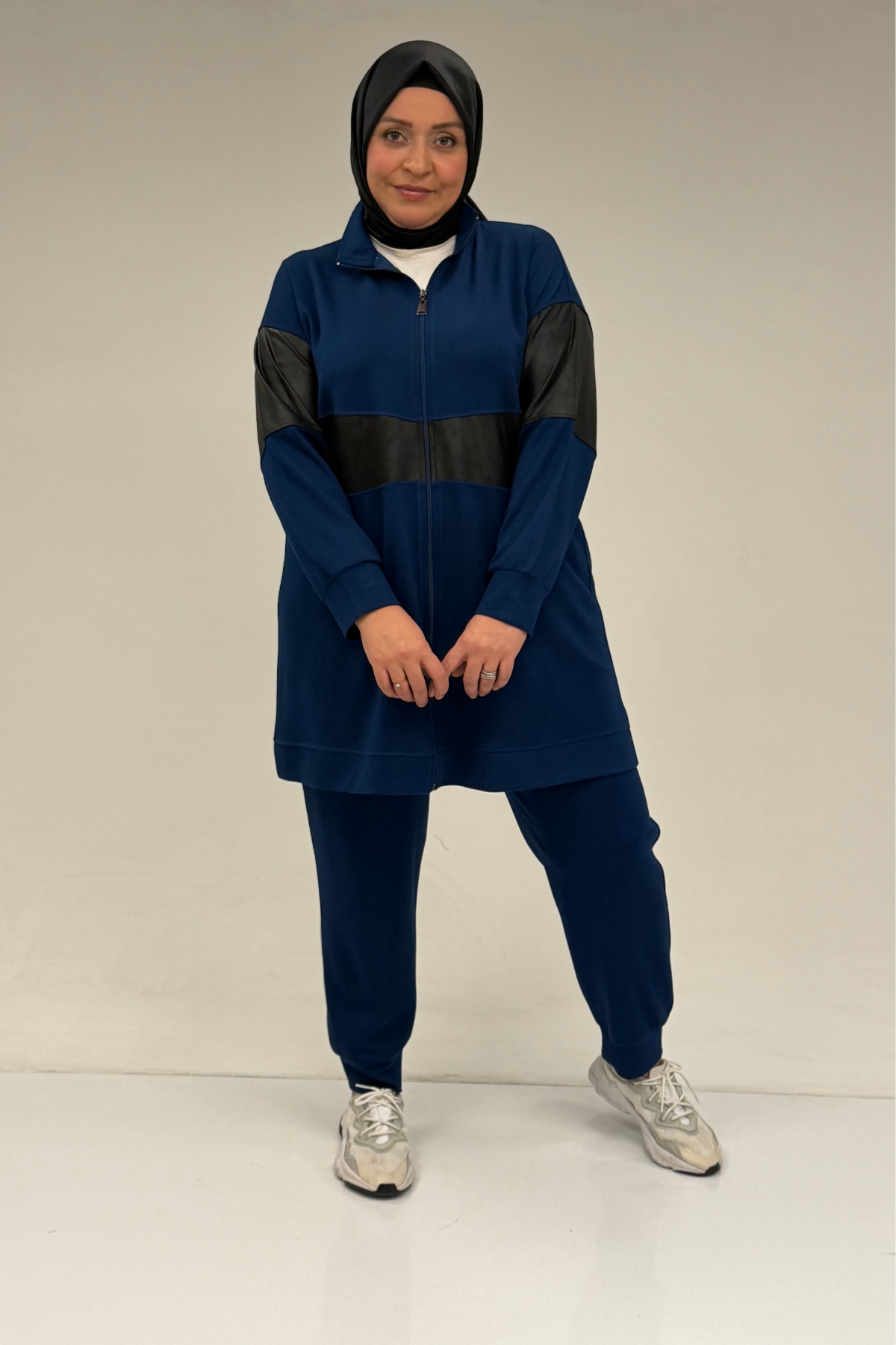 47098 Büyük Beden Waterport Garnili Modal Pantolonlu Takım - İndigo