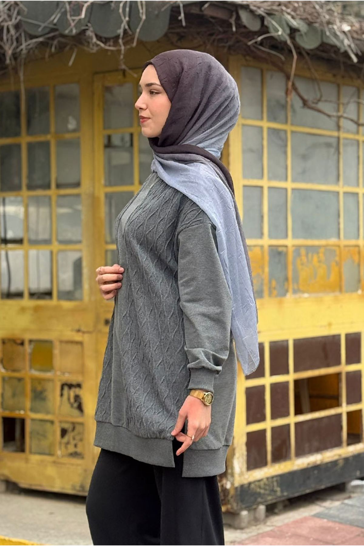 26K7052 - ANTRASİT - ÖRGÜ DETAYLI TUNİK