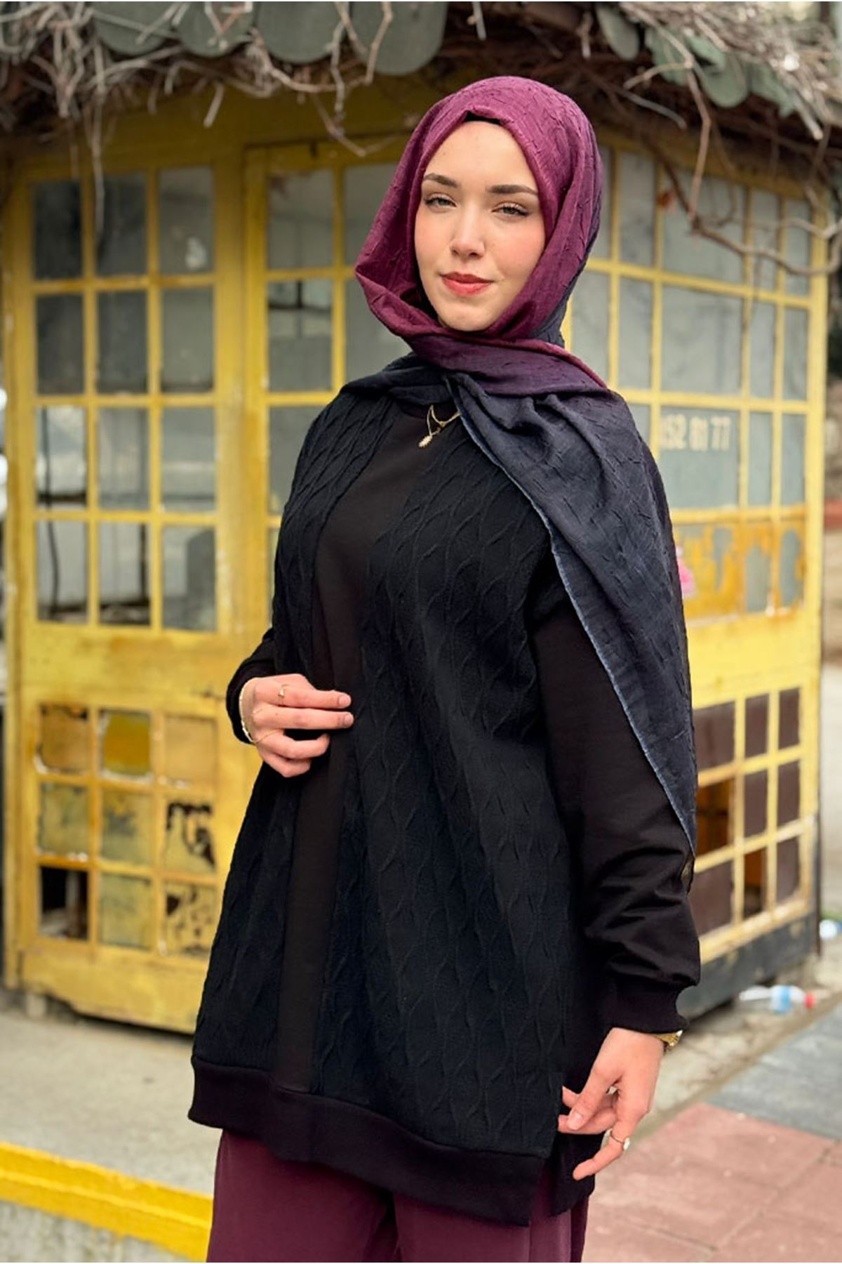 26K7052 - SİYAH - ÖRGÜ DETAYLI TUNİK