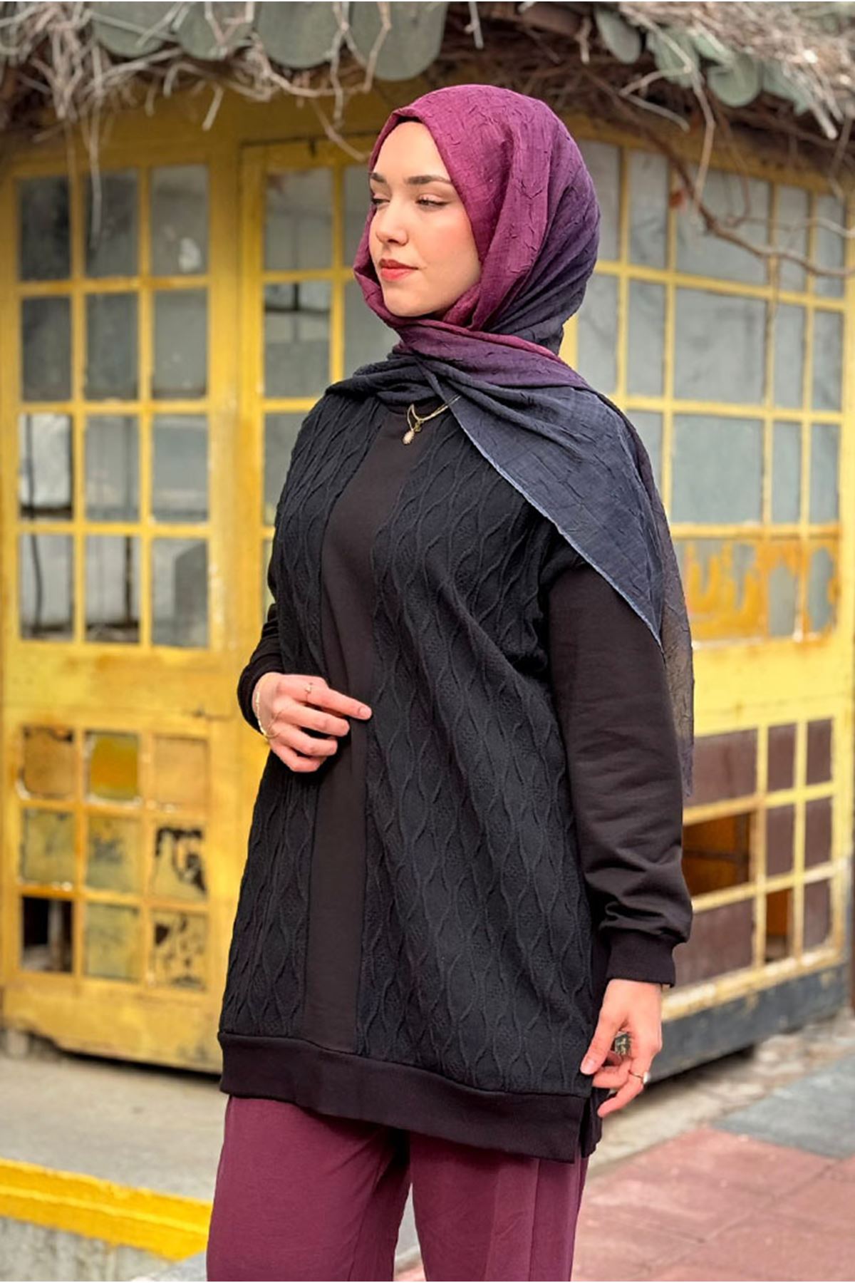 26K7052 - SİYAH - ÖRGÜ DETAYLI TUNİK