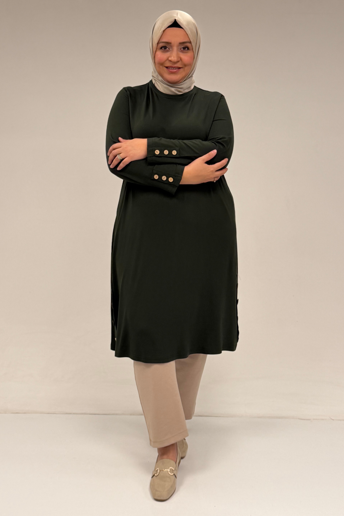 38015  Büyük Beden Düğme Detaylı Penye Tunik - Haki