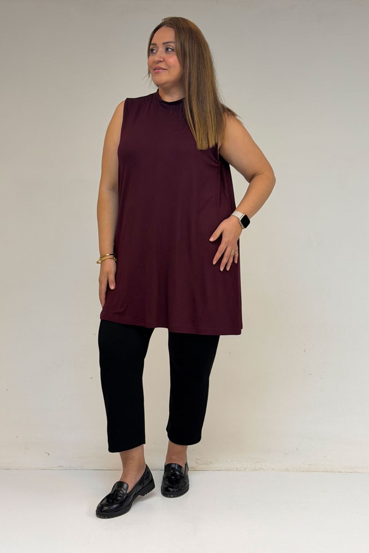 58501 Büyük Beden Hakim Yakalı Penye İçlik - Bordo