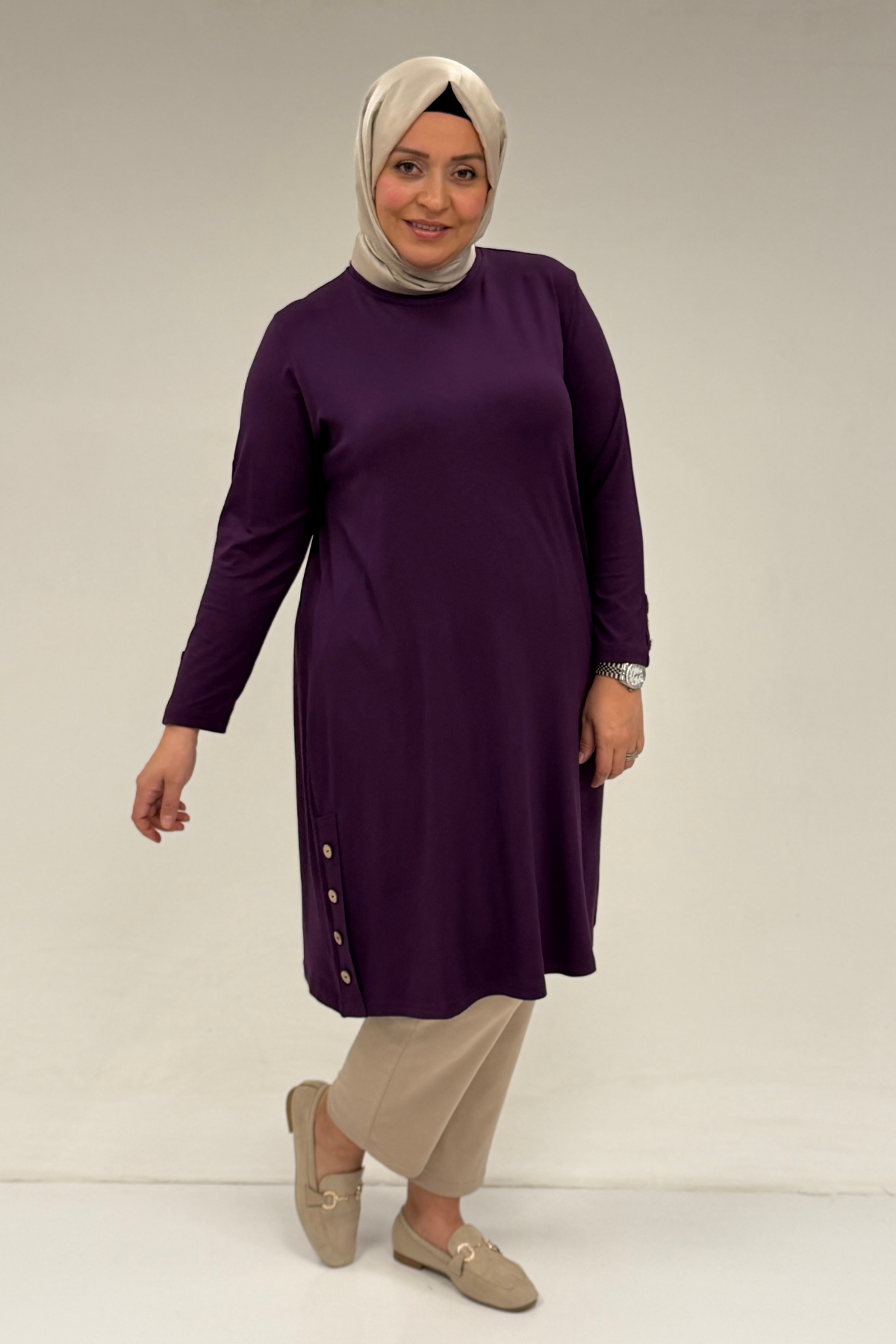 38015  Büyük Beden Düğme Detaylı Penye Tunik -Mor