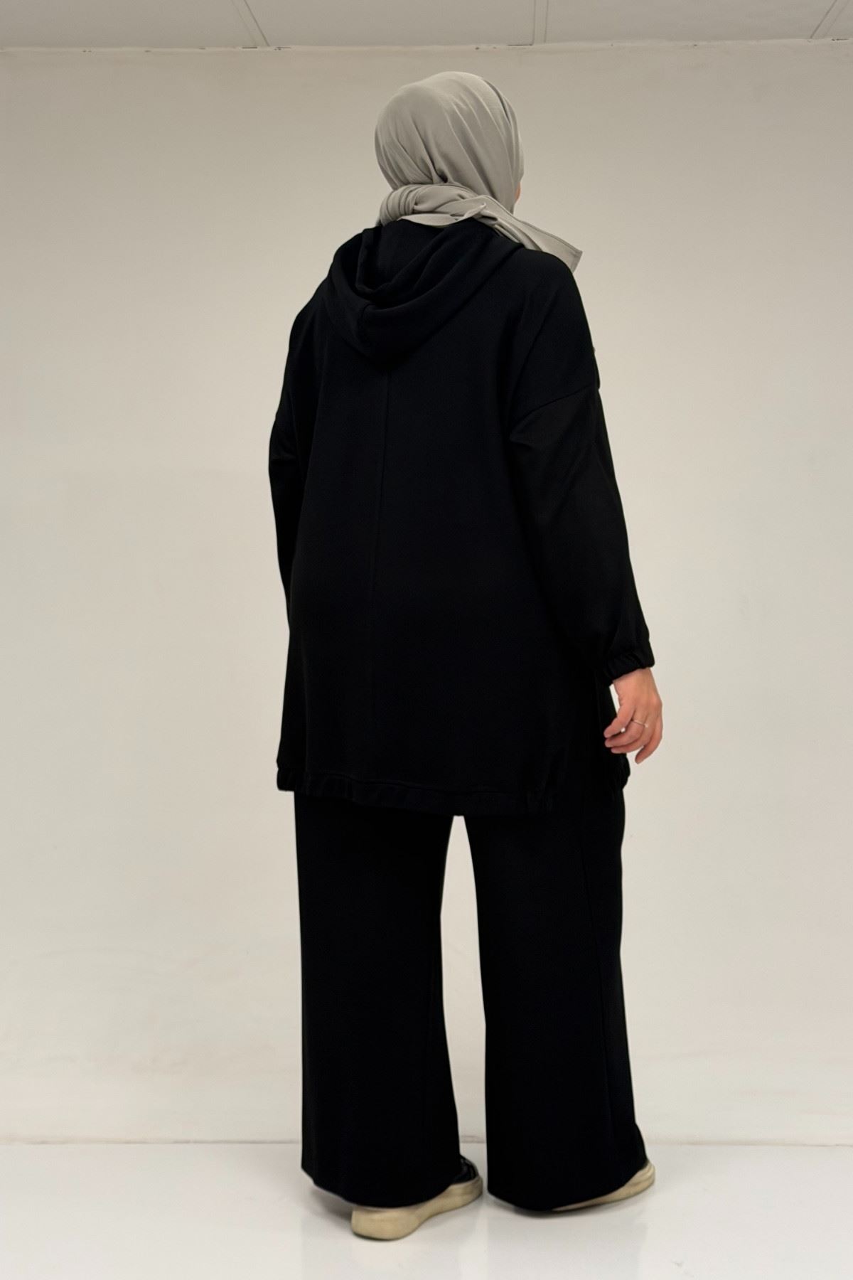 47089 Büyük Beden Yarım Patlı Kapşonlu Pantolonlu Modal Takım - Siyah