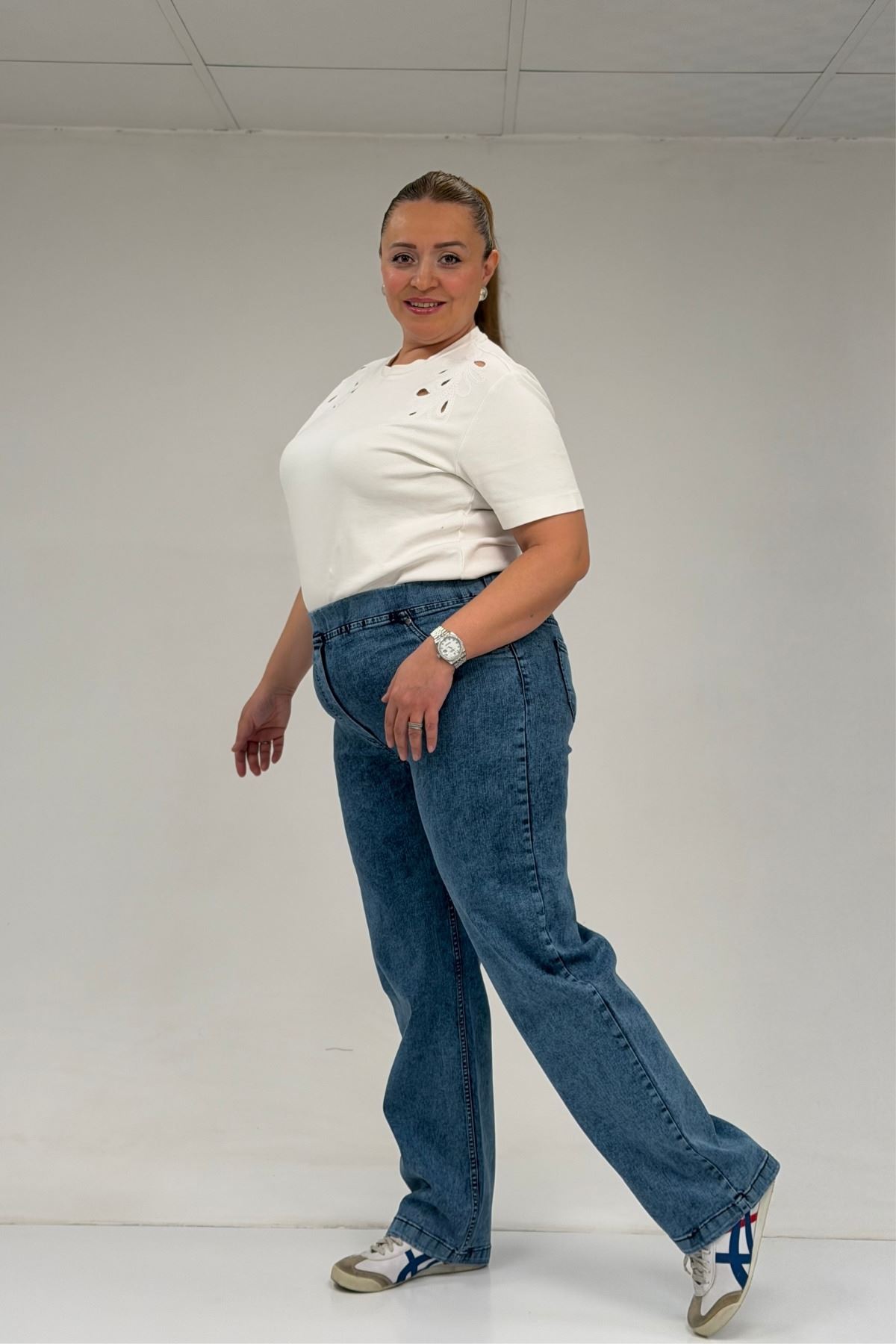 59036 Büyük Beden Beli Lastikli Cep Görünümlü Kot Pantolon - Lacivert