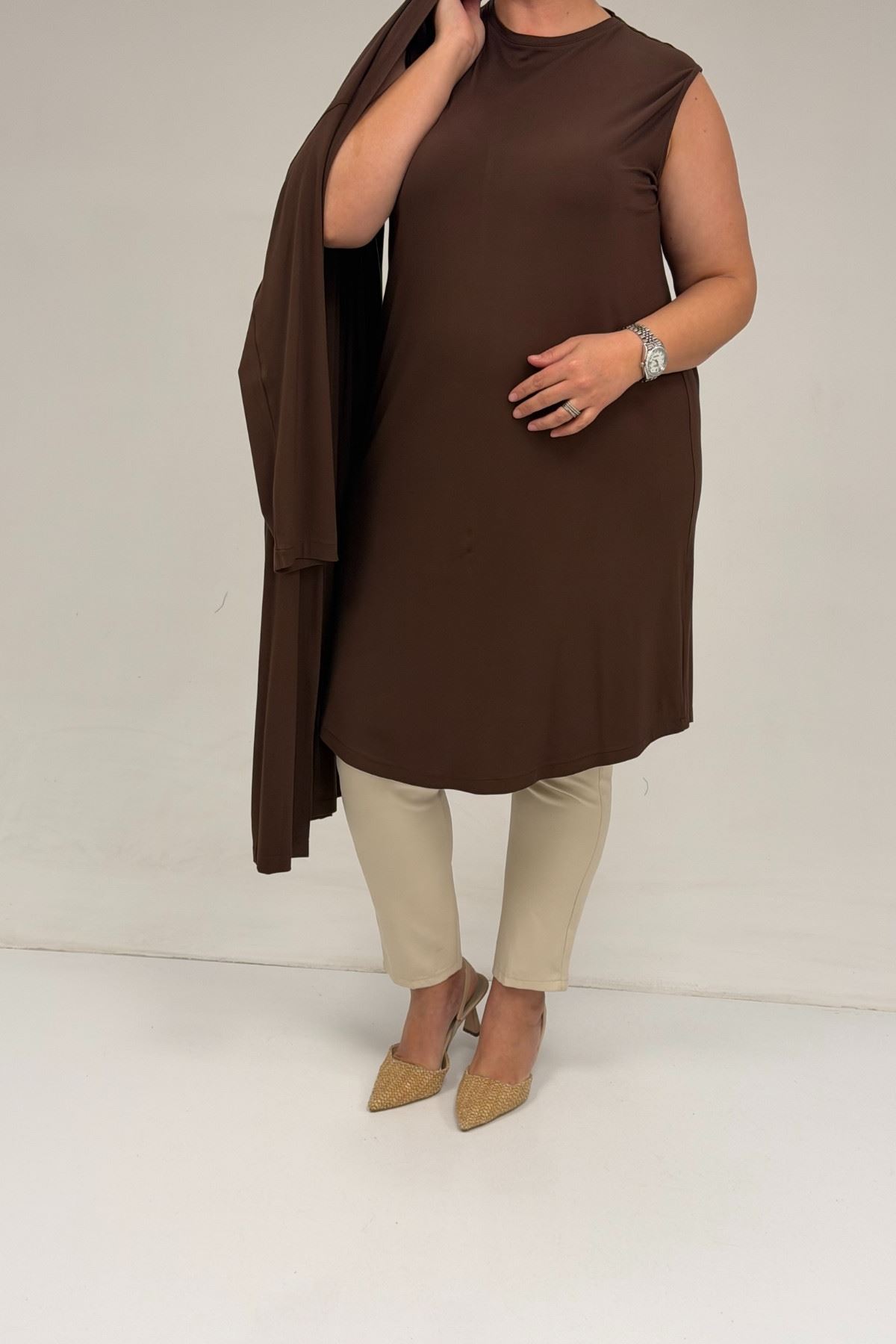 67032 Büyük Beden Kuşgözü Detaylı Penye İkili Takım - Kahve