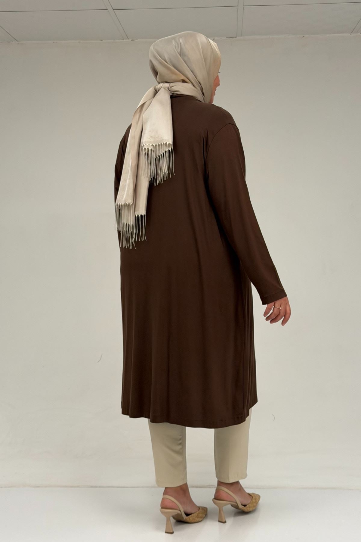 67032 Büyük Beden Kuşgözü Detaylı Penye İkili Takım - Kahve