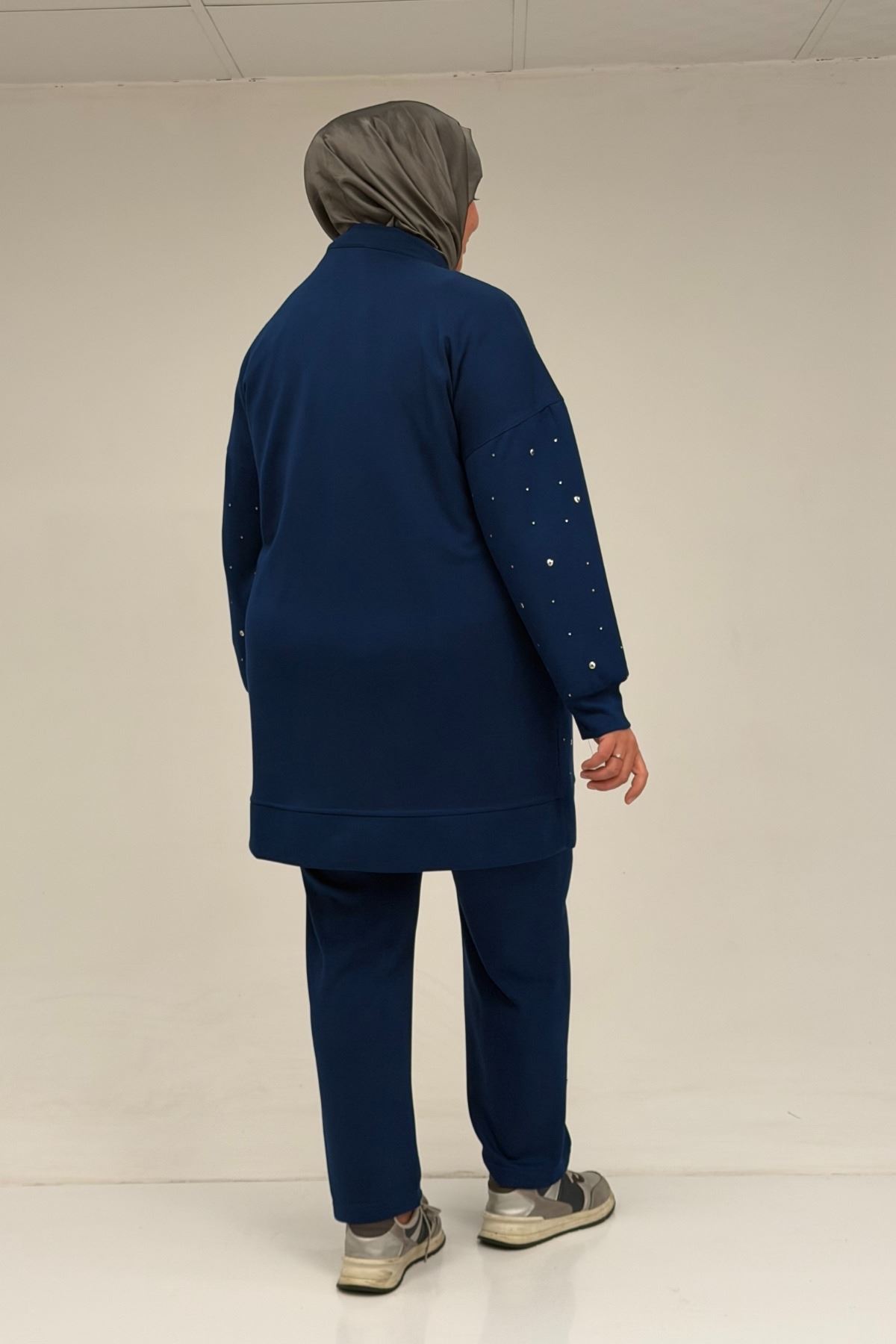 47070 Büyük Beden Önü Taş Detaylı Modal Pantolonlu Takım - İndigo