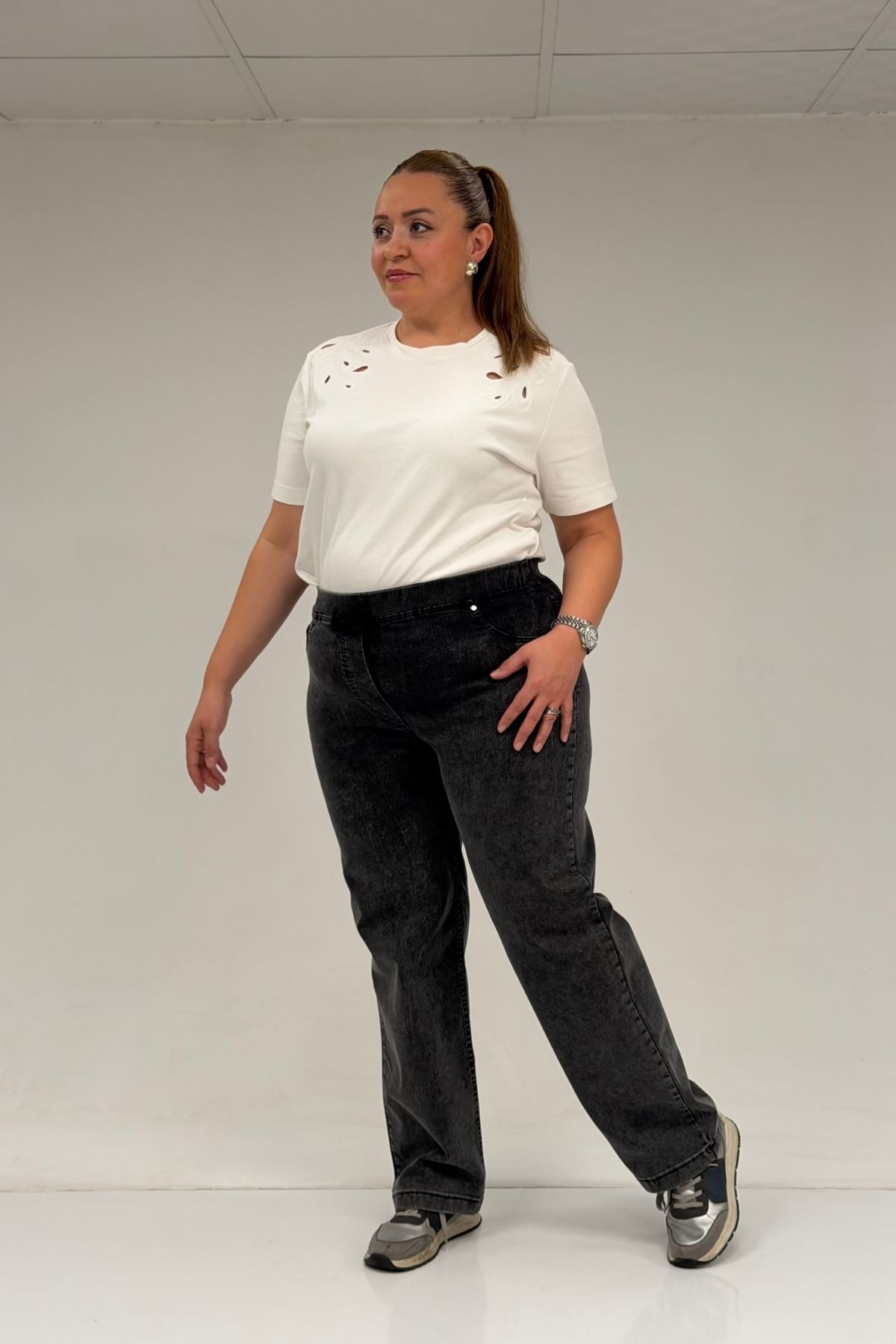 59036 Büyük Beden Beli Lastikli Cep Görünümlü Kot Pantolon - Siyah