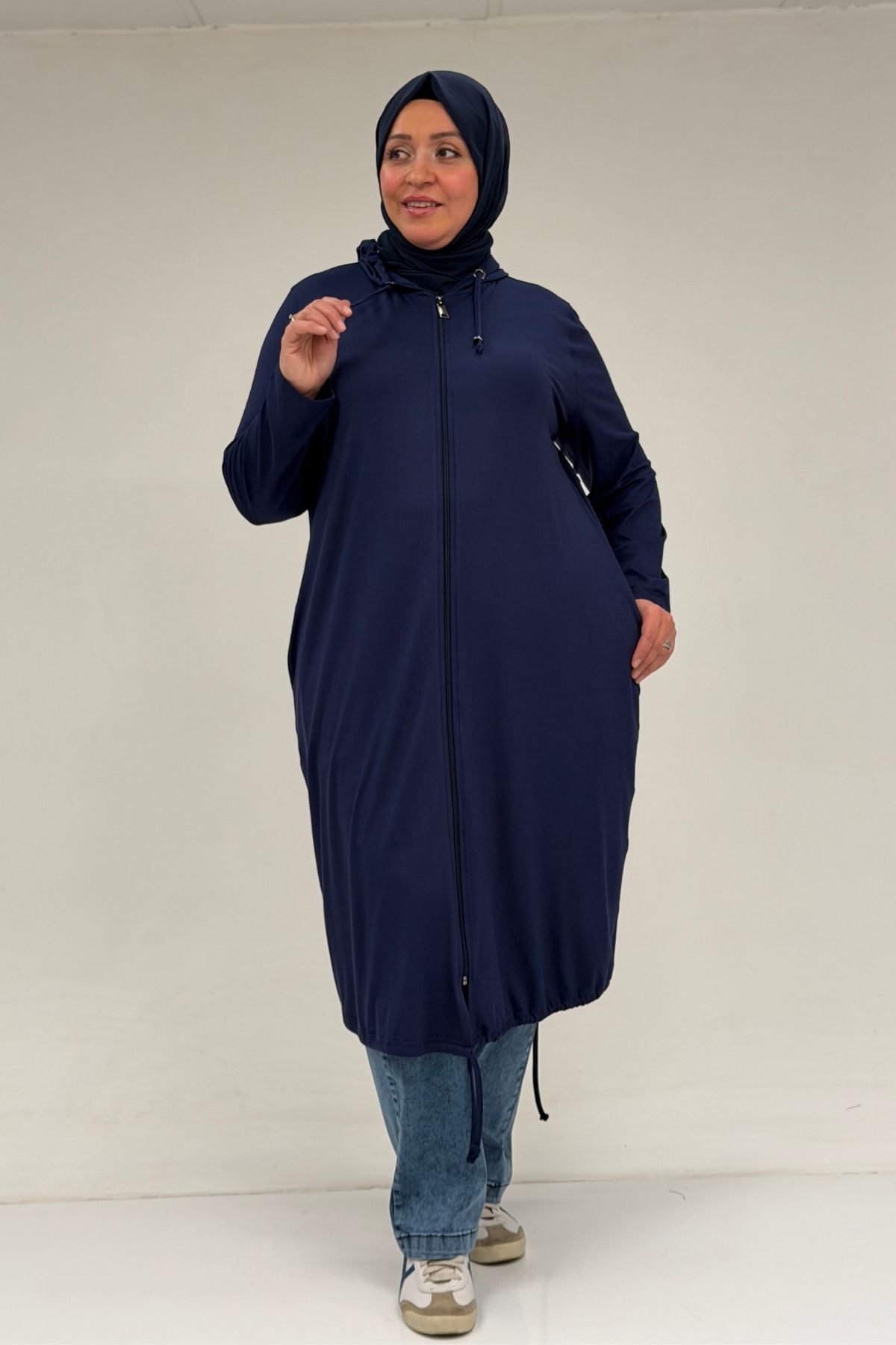 33008 Büyük Beden Fermuarlı Penye Kap - Lacivert