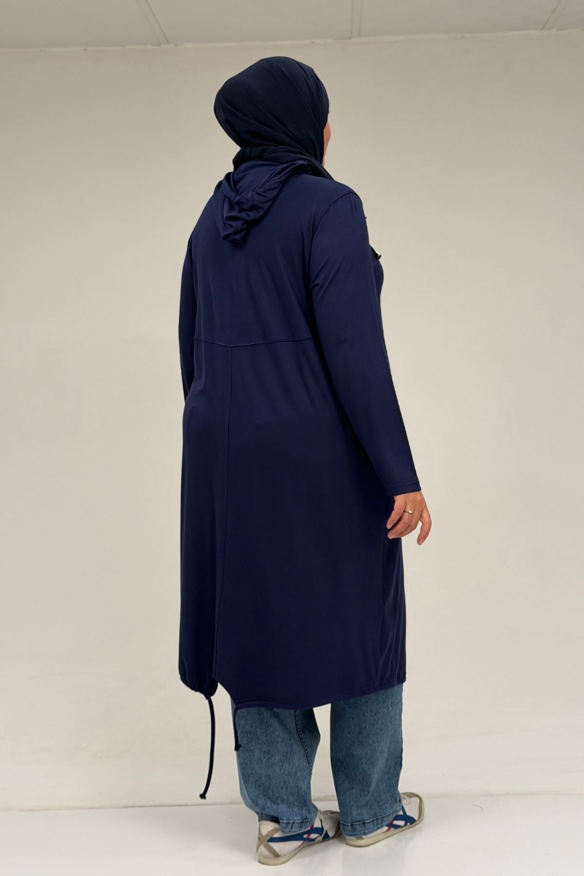 33008 Büyük Beden Fermuarlı Penye Kap - Lacivert